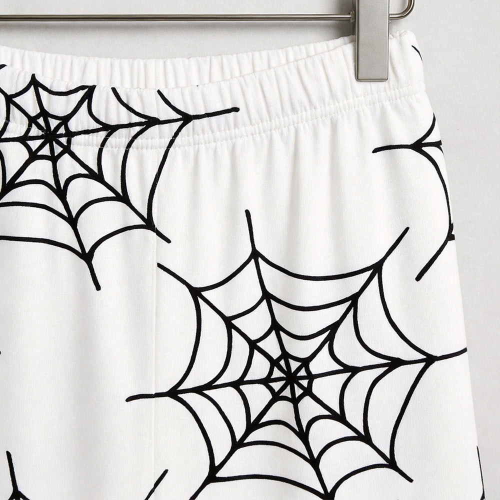 Minimalist Halloween Black Spiderweb Print on White Matching Family Pajama Set, Button-Down Cotton Loungewear