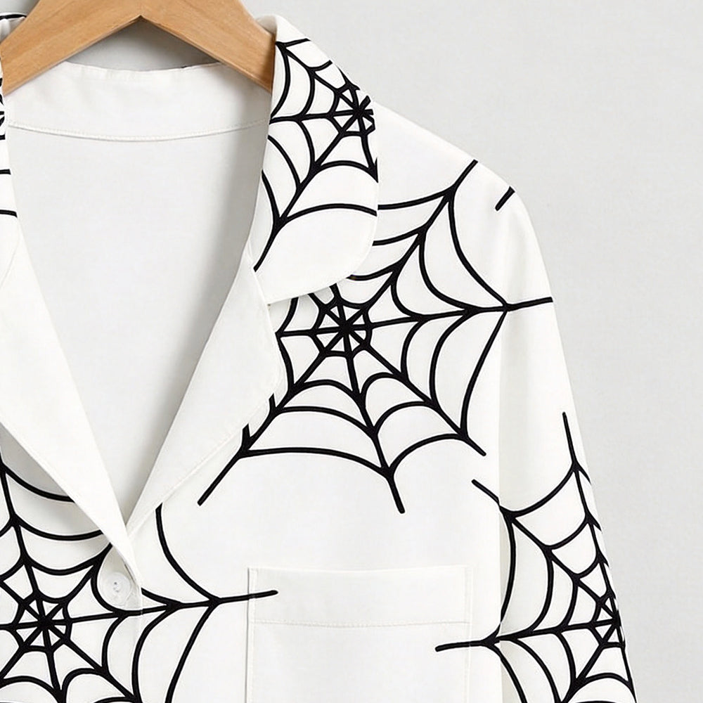 Minimalist Halloween Black Spiderweb Print on White Matching Family Pajama Set, Button-Down Cotton Loungewear