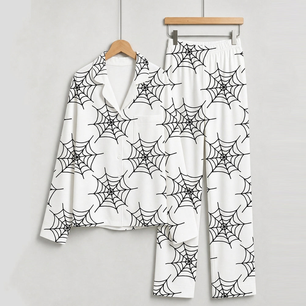 Minimalist Halloween Black Spiderweb Print on White Matching Family Pajama Set, Button-Down Cotton Loungewear