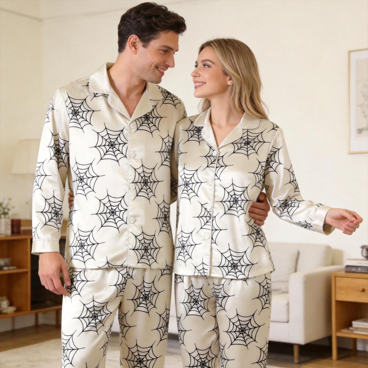 Halloween Spider Web Satin Matching Pajamas for Couples – Long Sleeve Button-Down Top & Pants Sleepwear Set