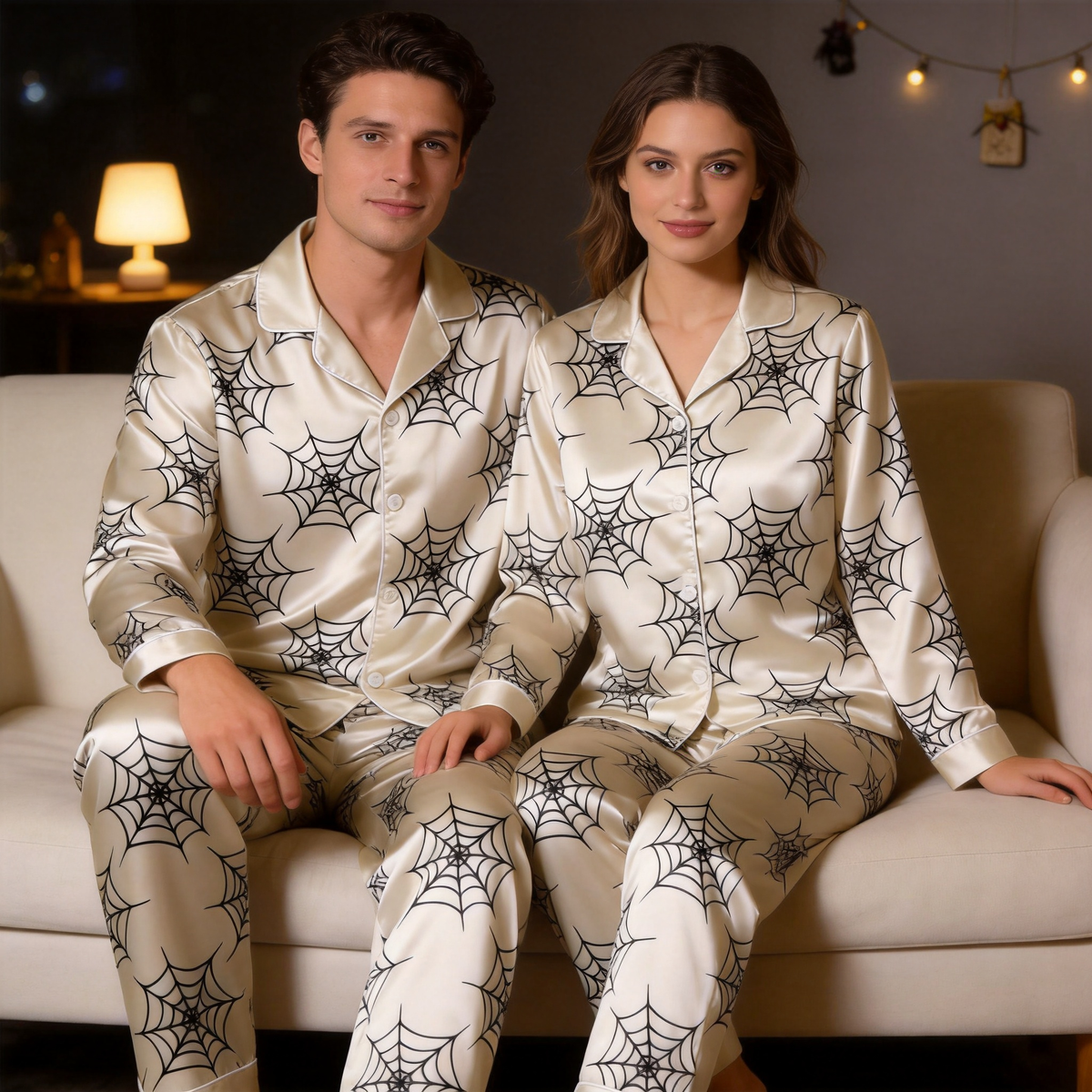 Halloween Spider Web Satin Matching Pajamas for Couples – Long Sleeve Button-Down Top & Pants Sleepwear Set