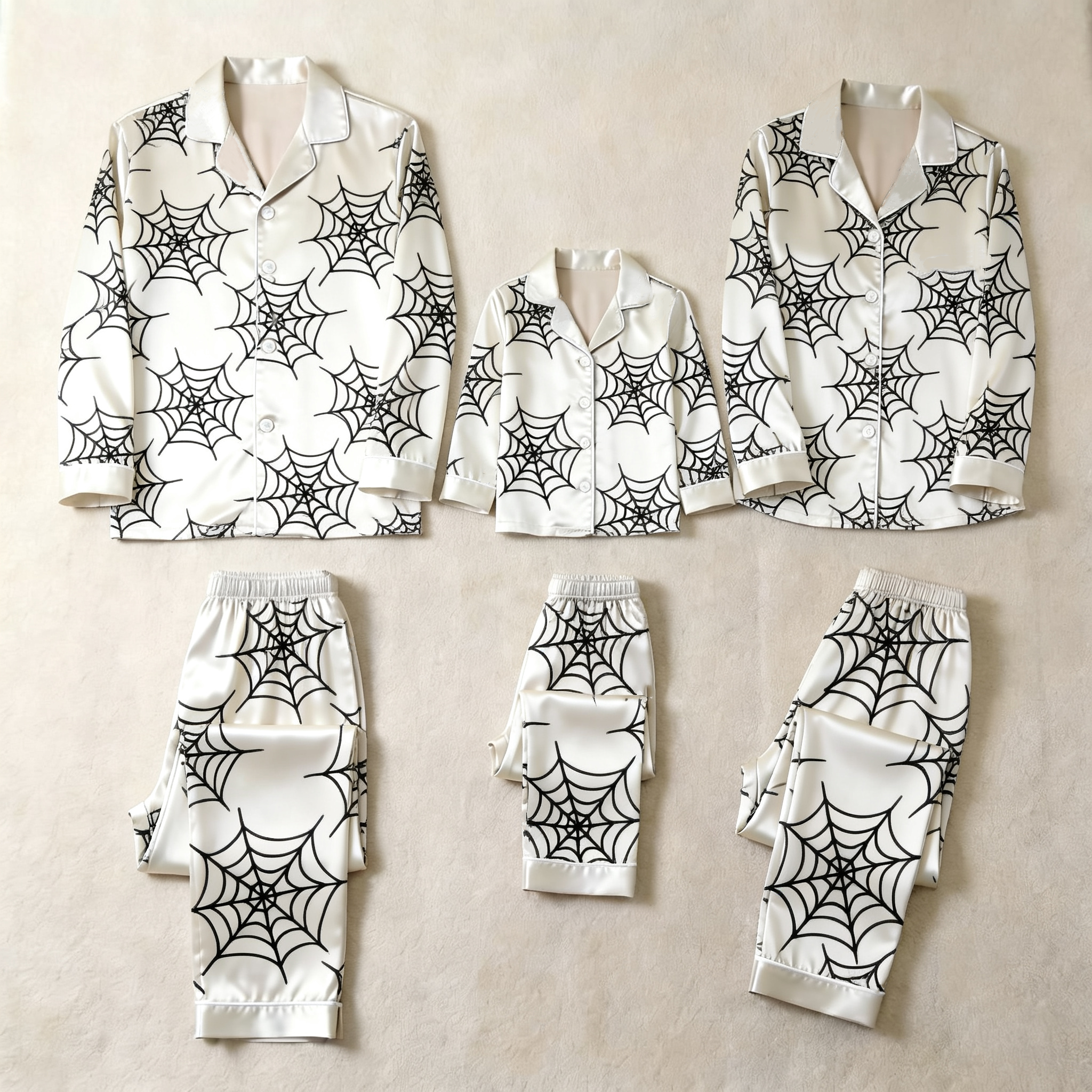 Orange Spider Web Print Satin Button-Up Family Halloween Pajamas Set