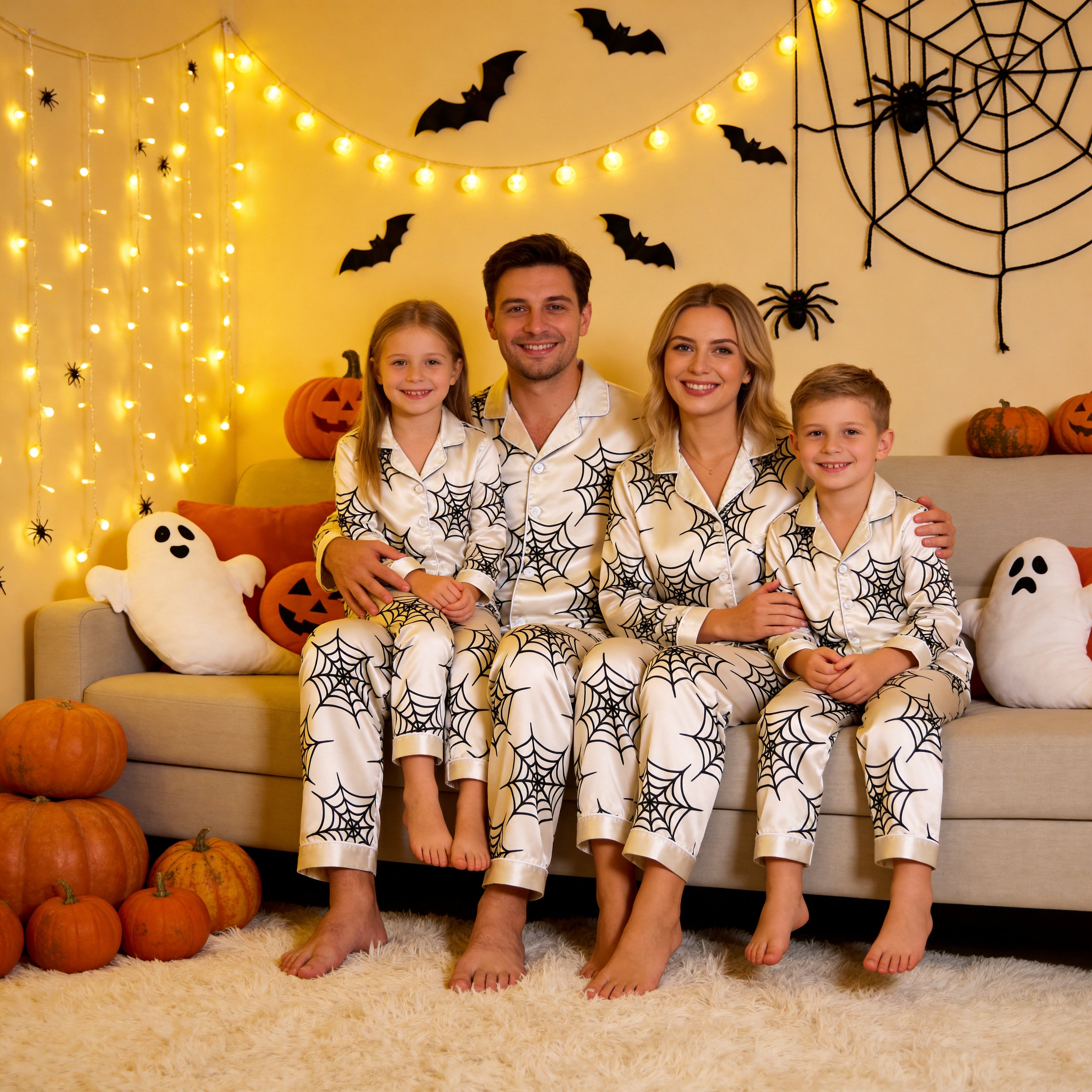 Orange Spider Web Print Satin Button-Up Family Halloween Pajamas Set