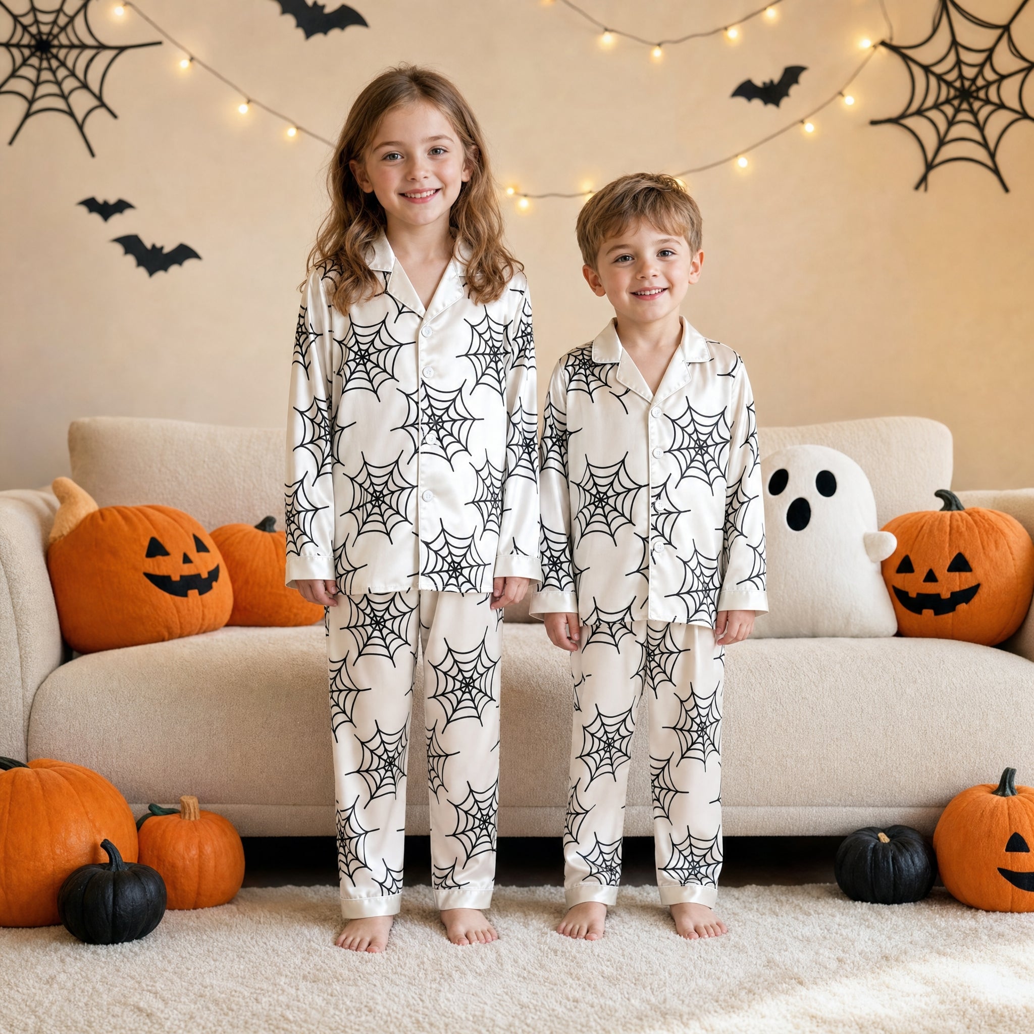 Orange Spider Web Print Satin Button-Up Family Halloween Pajamas Set