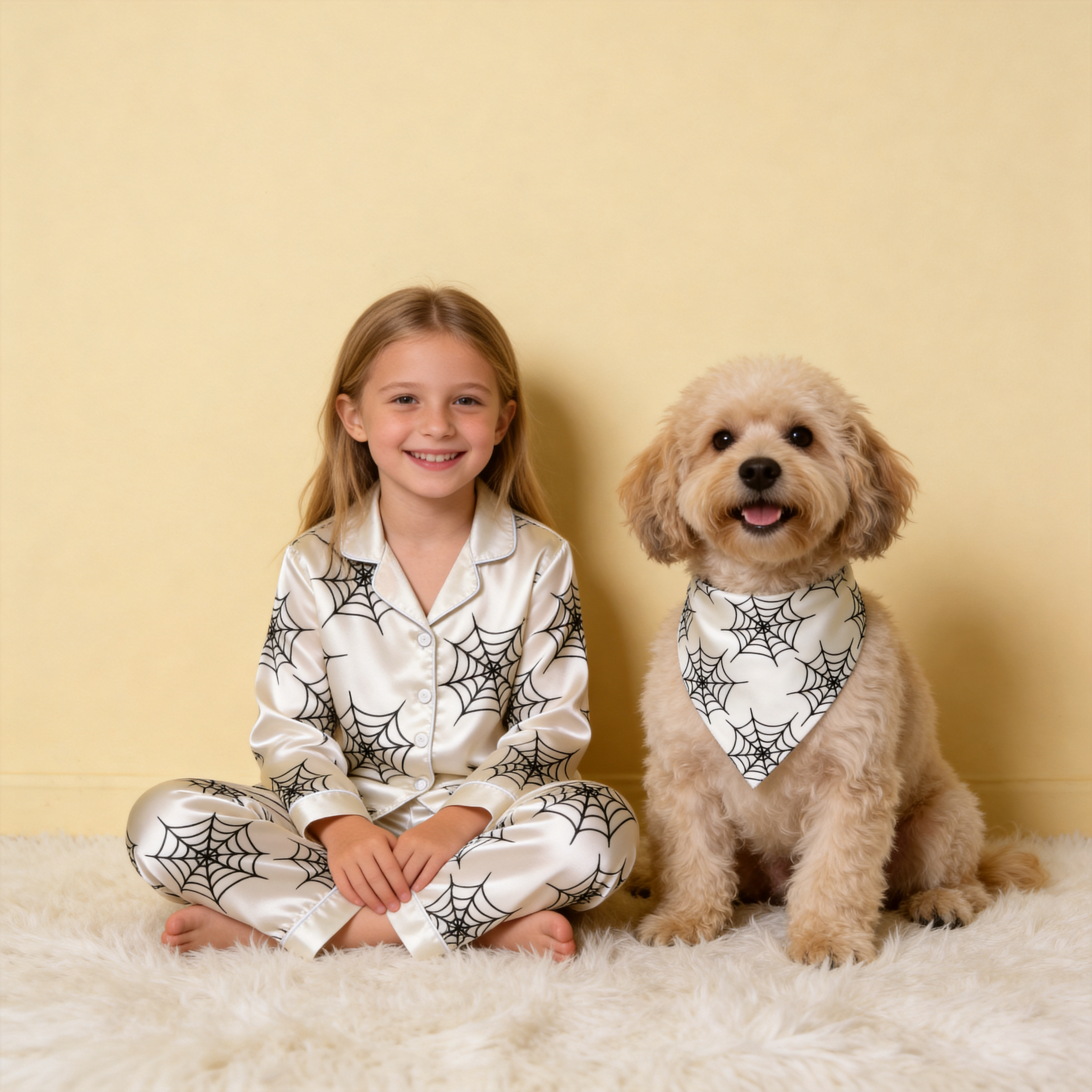Orange Spider Web Print Satin Button-Up Family Halloween Pajamas Set