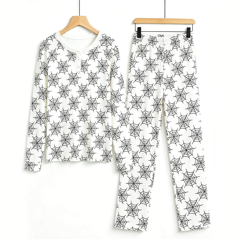 Classic Halloween Spiderweb Print Matching Family Pajama Set, Long Sleeve Henley Cotton Loungewear