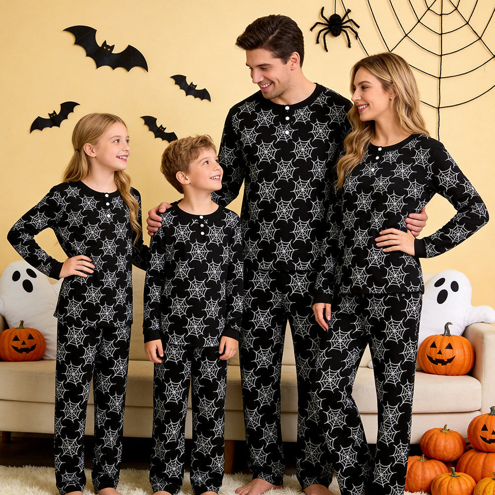 Mysterious Halloween Black & White Spiderweb Print Matching Family Pajama Set, Long Sleeve Henley Cotton Loungewear