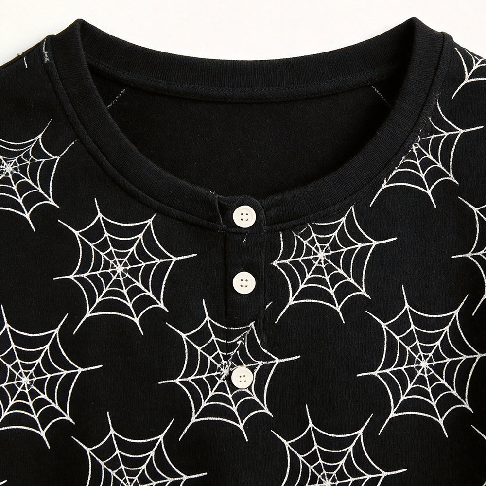Mysterious Halloween Black & White Spiderweb Print Matching Family Pajama Set, Long Sleeve Henley Cotton Loungewear