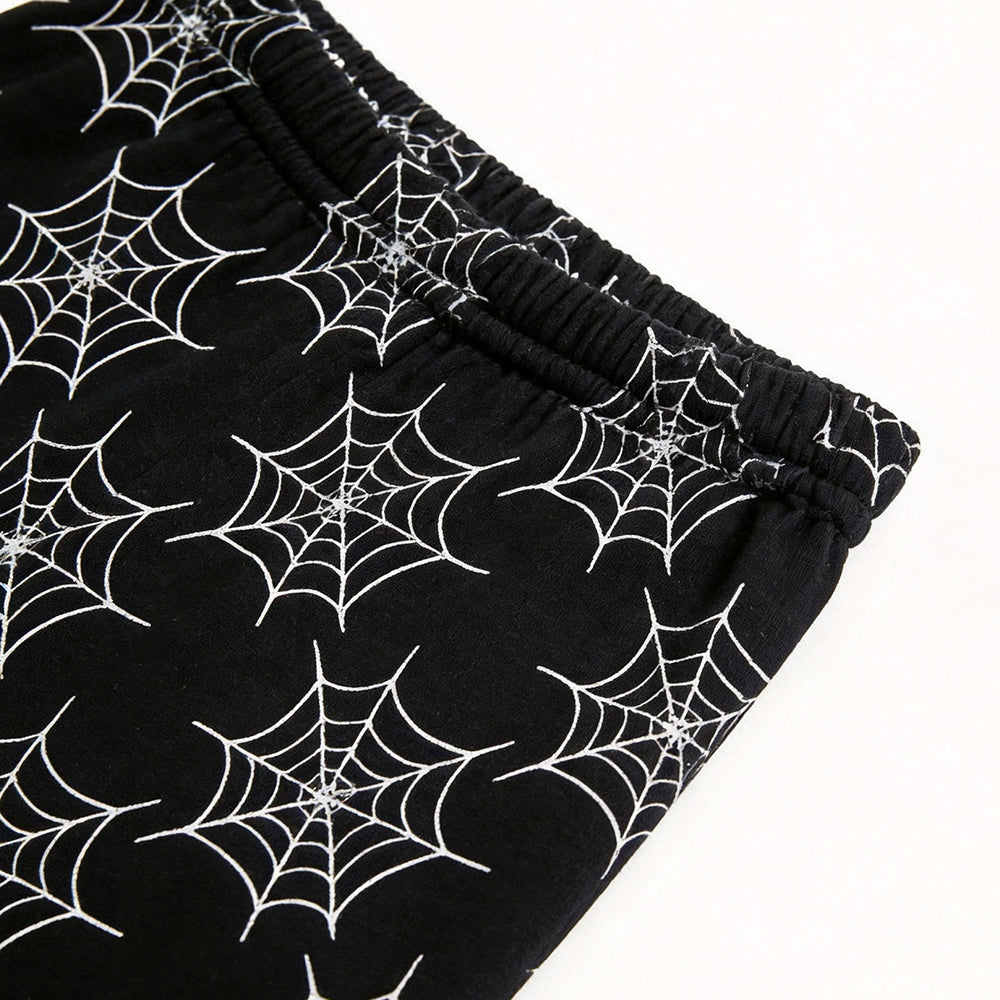Mysterious Halloween Black & White Spiderweb Print Matching Family Pajama Set, Long Sleeve Henley Cotton Loungewear
