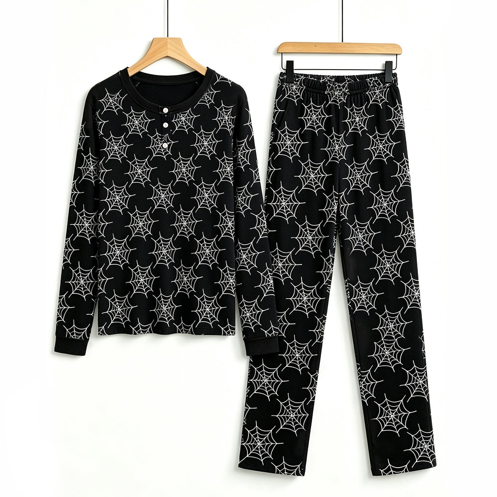 Mysterious Halloween Black & White Spiderweb Print Matching Family Pajama Set, Long Sleeve Henley Cotton Loungewear