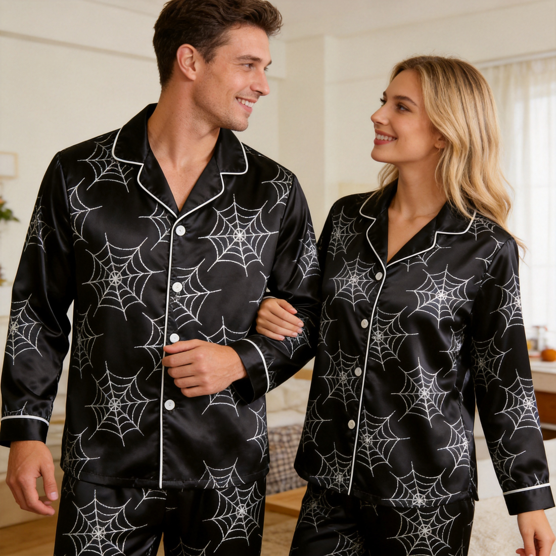 Halloween Spider Web Black Satin Matching Pajamas for Couples – Long Sleeve Button-Down Top & Pants Sleepwear Set