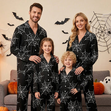 Gothic Halloween White Spiderweb on Black Print Matching Family Pajama Set, Button-Down Cotton Loungewear