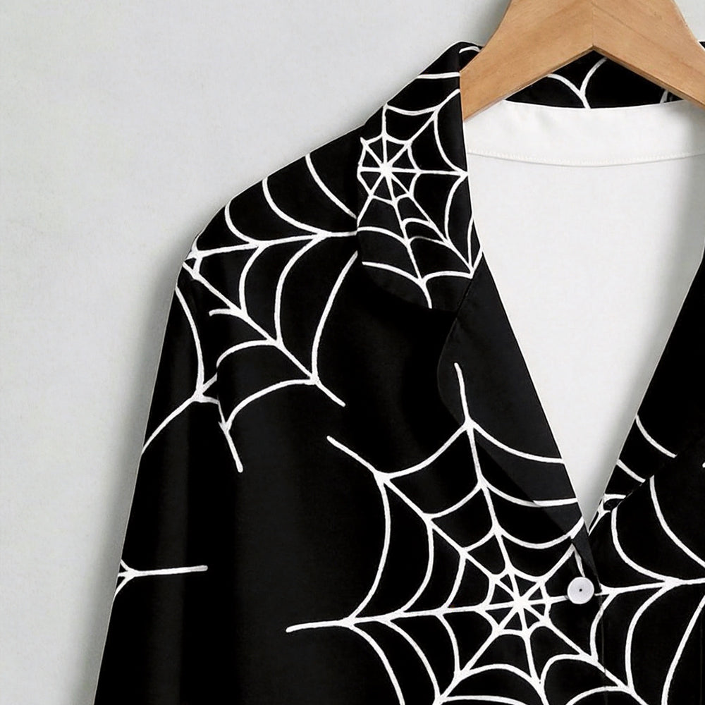 Gothic Halloween White Spiderweb on Black Print Matching Family Pajama Set, Button-Down Cotton Loungewear
