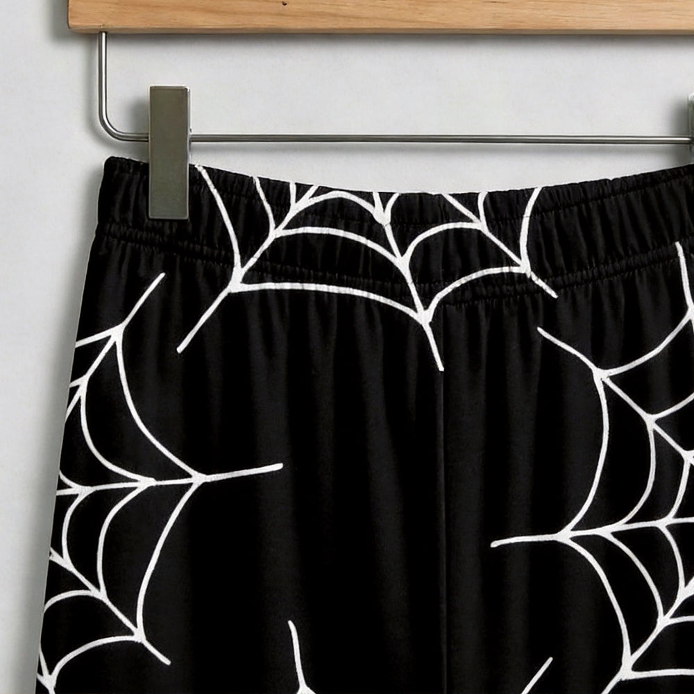 Gothic Halloween White Spiderweb on Black Print Matching Family Pajama Set, Button-Down Cotton Loungewear