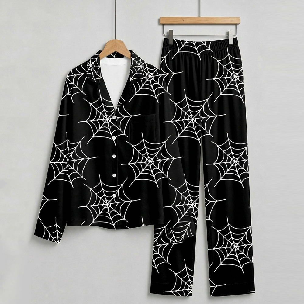Gothic Halloween White Spiderweb on Black Print Matching Family Pajama Set, Button-Down Cotton Loungewear