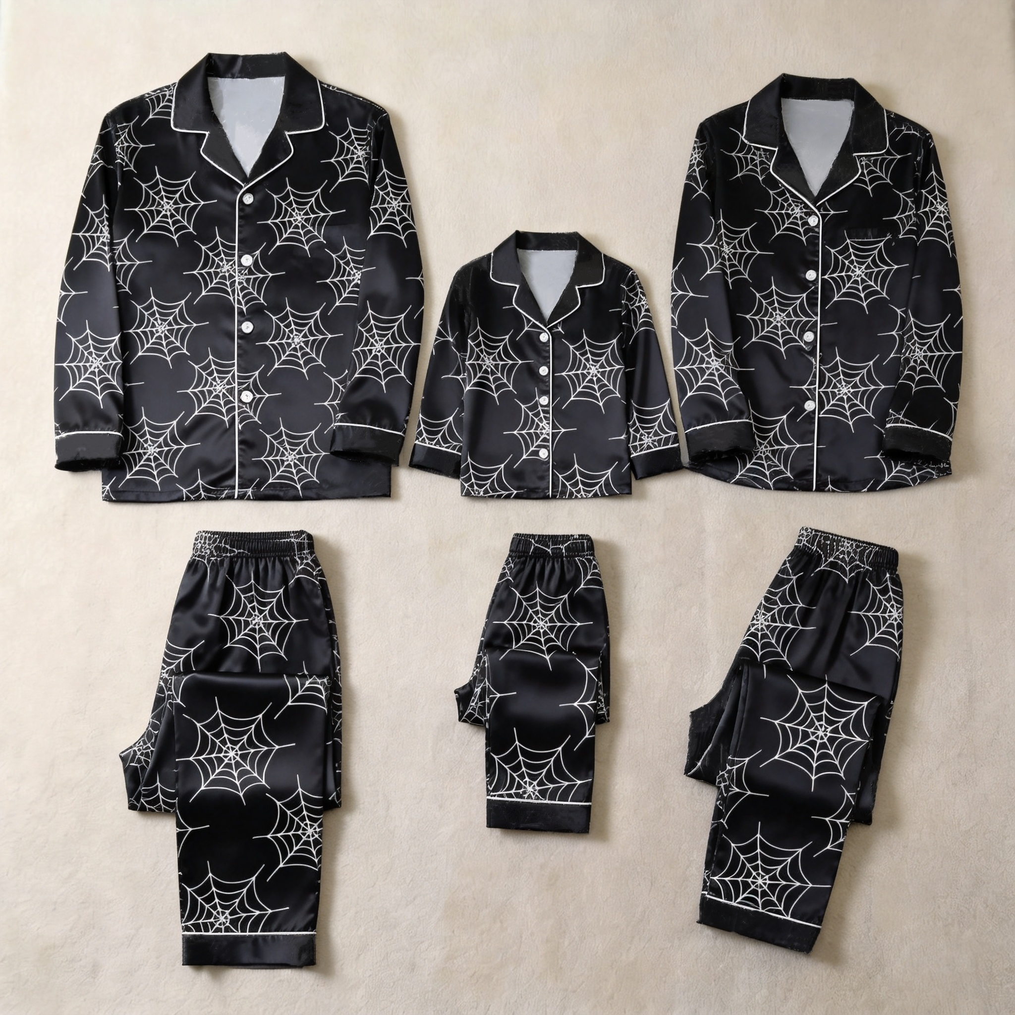 Orange Spider Web Print Satin Button-Up Family Halloween Pajamas Set