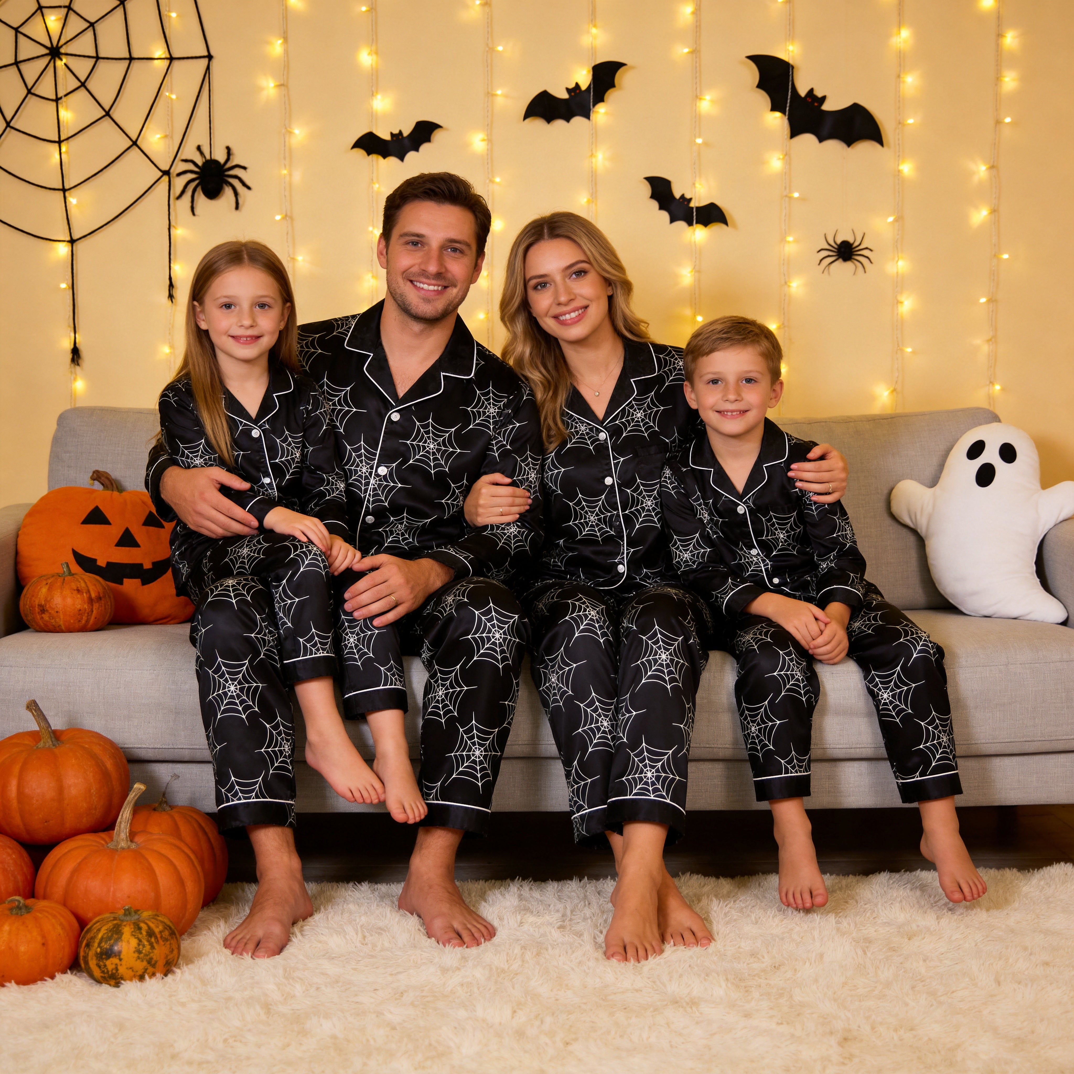 Orange Spider Web Print Satin Button-Up Family Halloween Pajamas Set