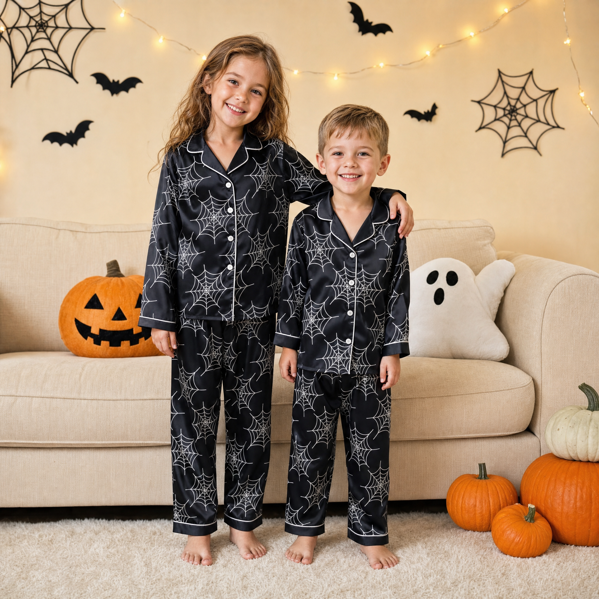 Orange Spider Web Print Satin Button-Up Family Halloween Pajamas Set