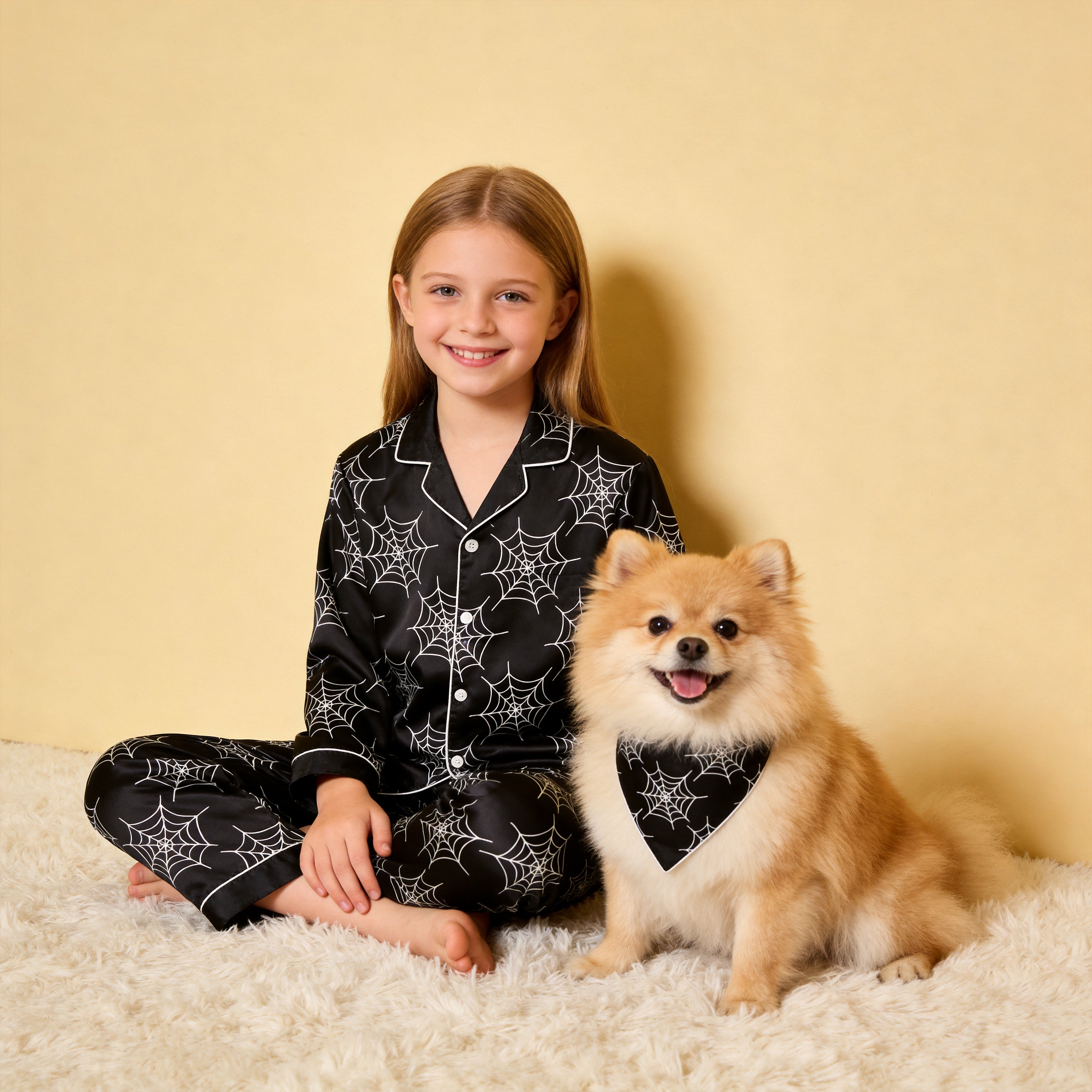 Orange Spider Web Print Satin Button-Up Family Halloween Pajamas Set