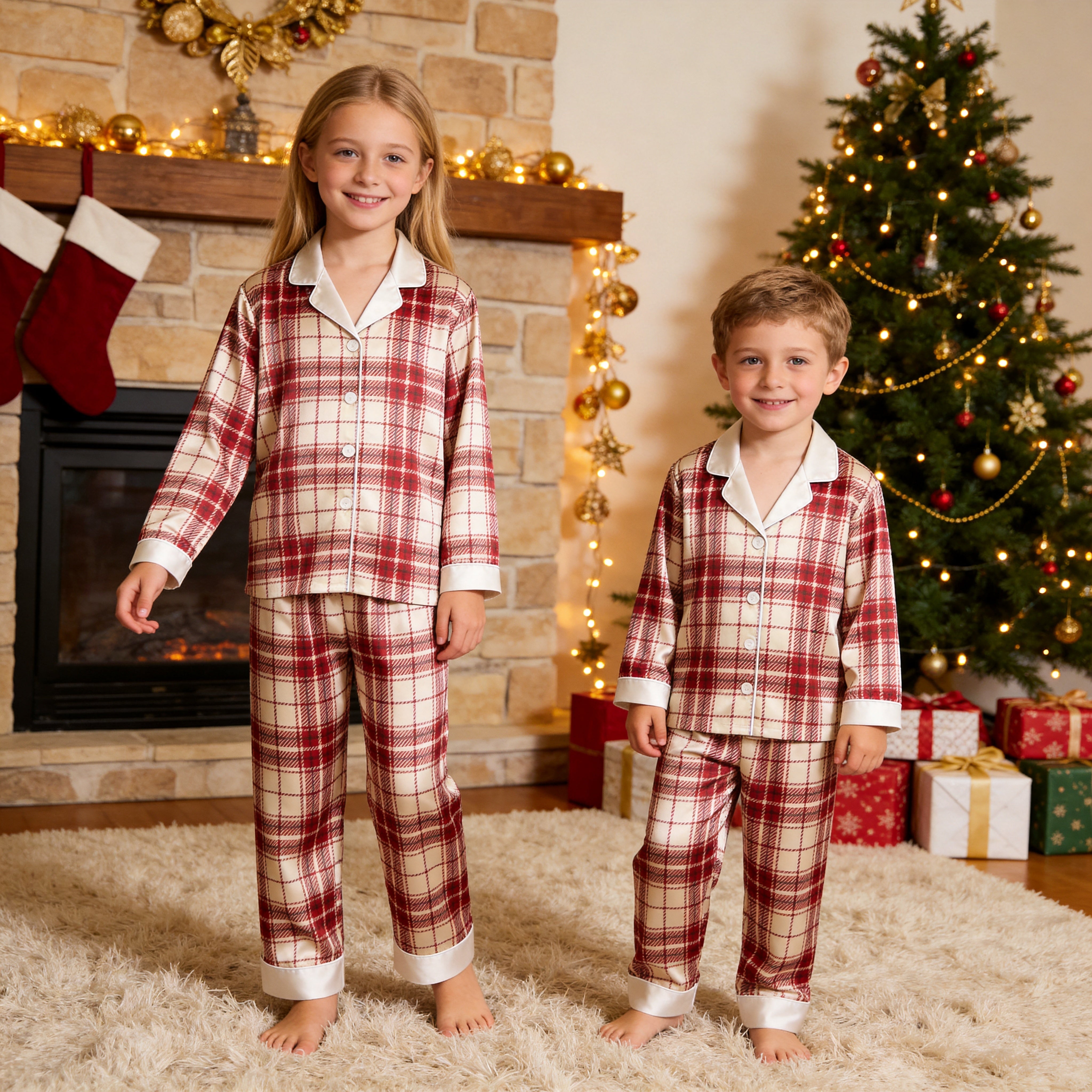 Red and Cream Plaid Satin Button-Up Family Christmas Pajamas Set