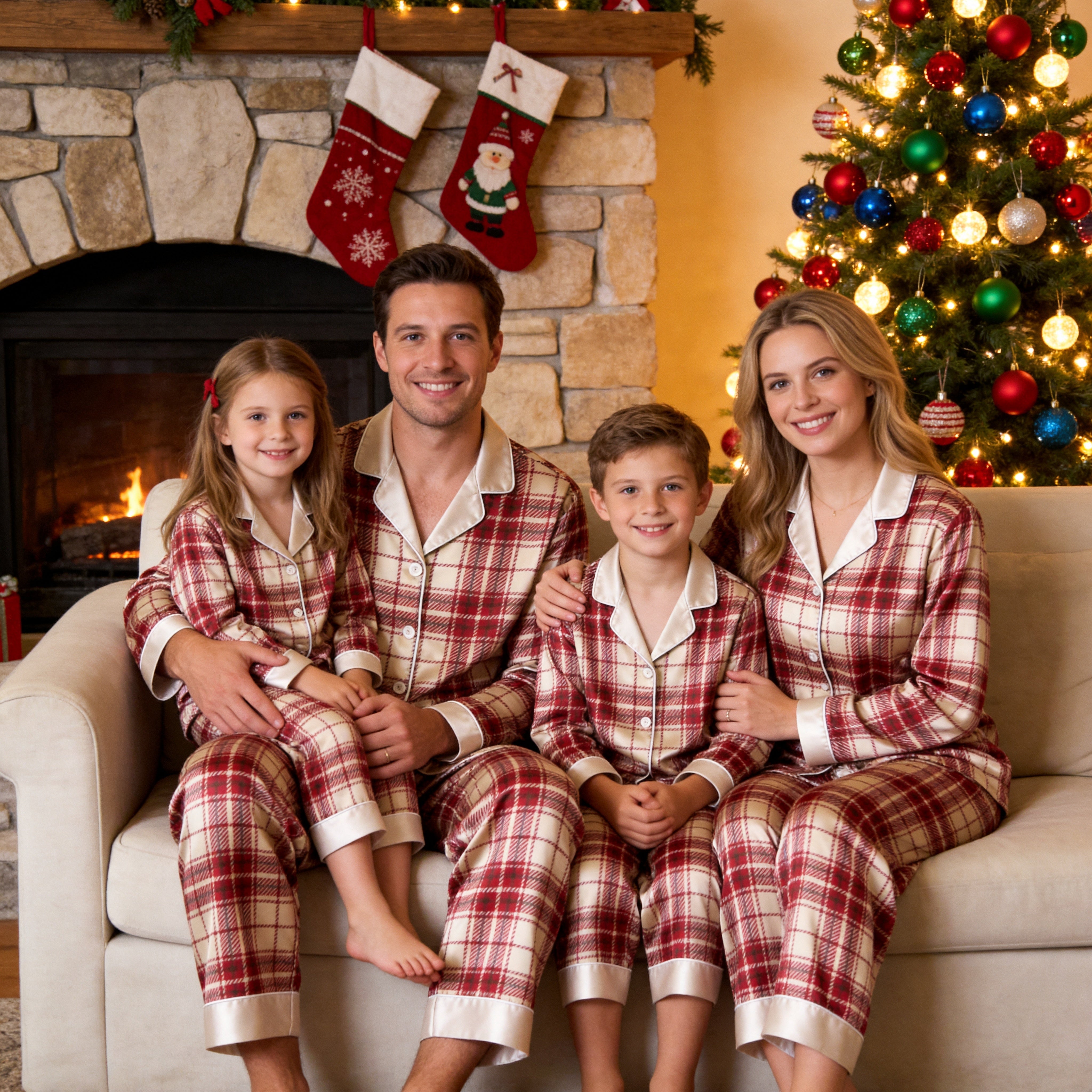 Red and Cream Plaid Satin Button-Up Family Christmas Pajamas Set