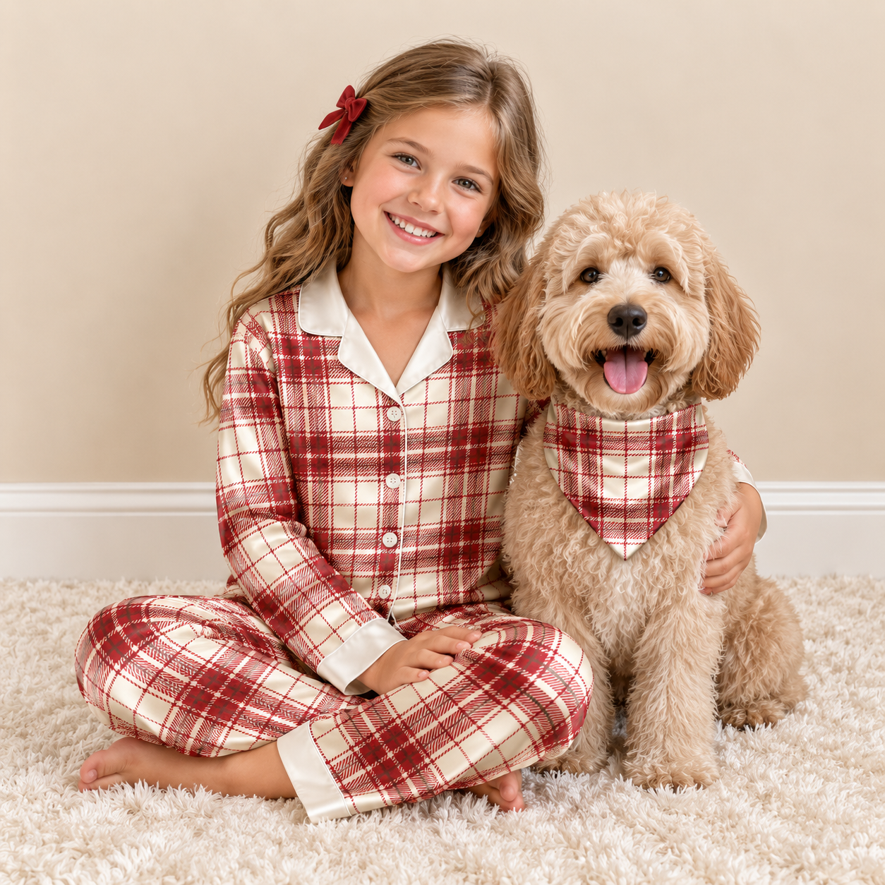Red and Cream Plaid Satin Button-Up Family Christmas Pajamas Set