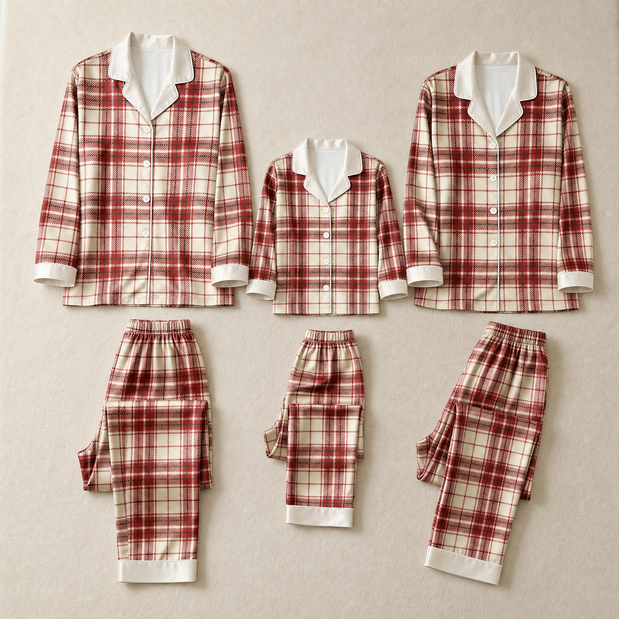 Red and Cream Plaid Satin Button-Up Family Christmas Pajamas Set