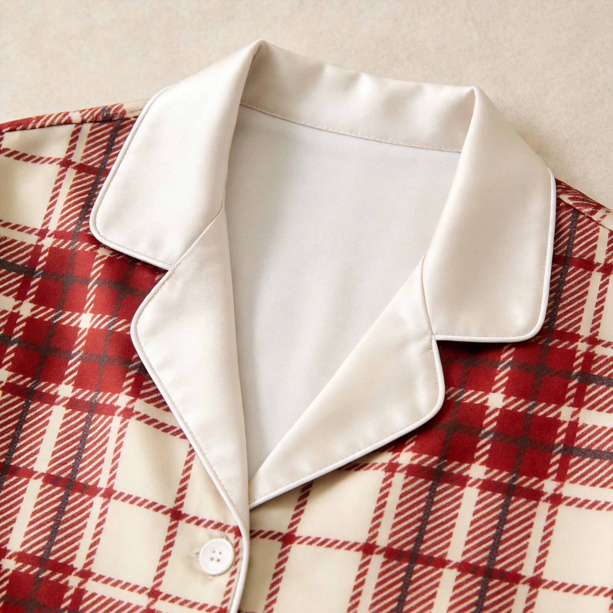 Red and Cream Plaid Satin Button-Up Family Christmas Pajamas Set