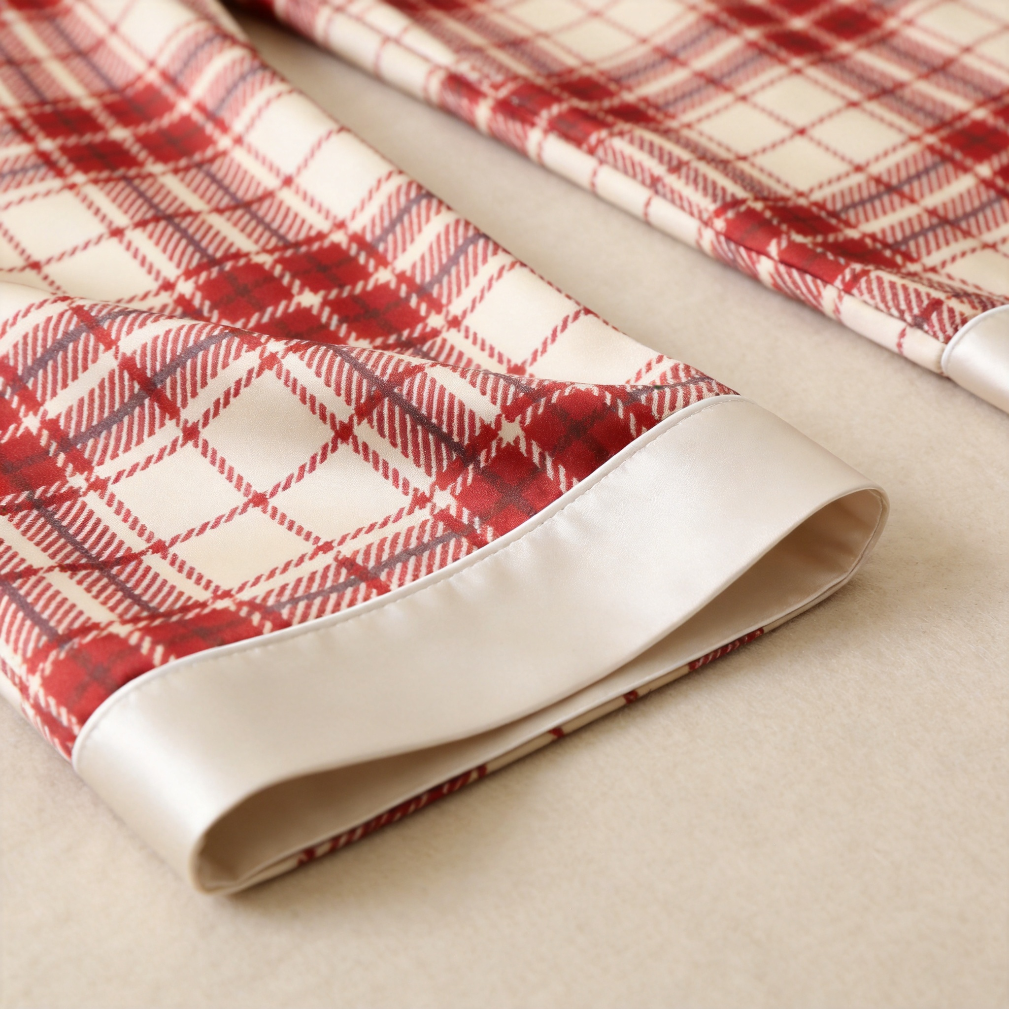 Red and Cream Plaid Satin Button-Up Family Christmas Pajamas Set
