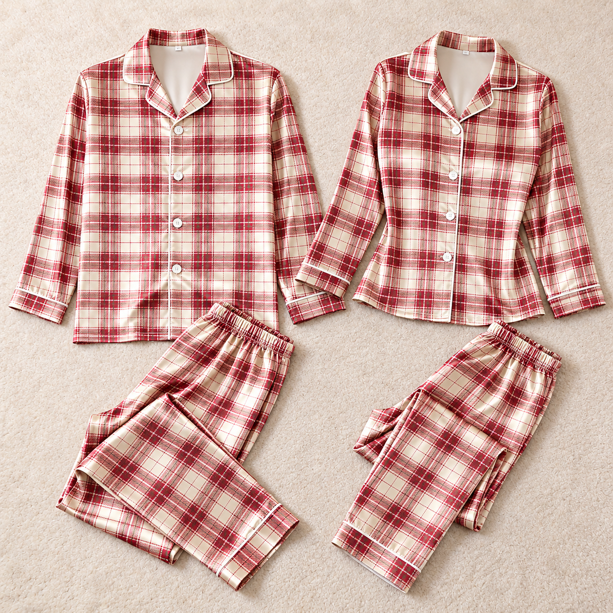 Classic Red & Cream Plaid Matching Pajamas for Couples – Long Sleeve Button-Down Top & Pants Sleepwear Set