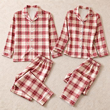 Classic Red & Cream Plaid Matching Pajamas for Couples – Long Sleeve Button-Down Top & Pants Sleepwear Set