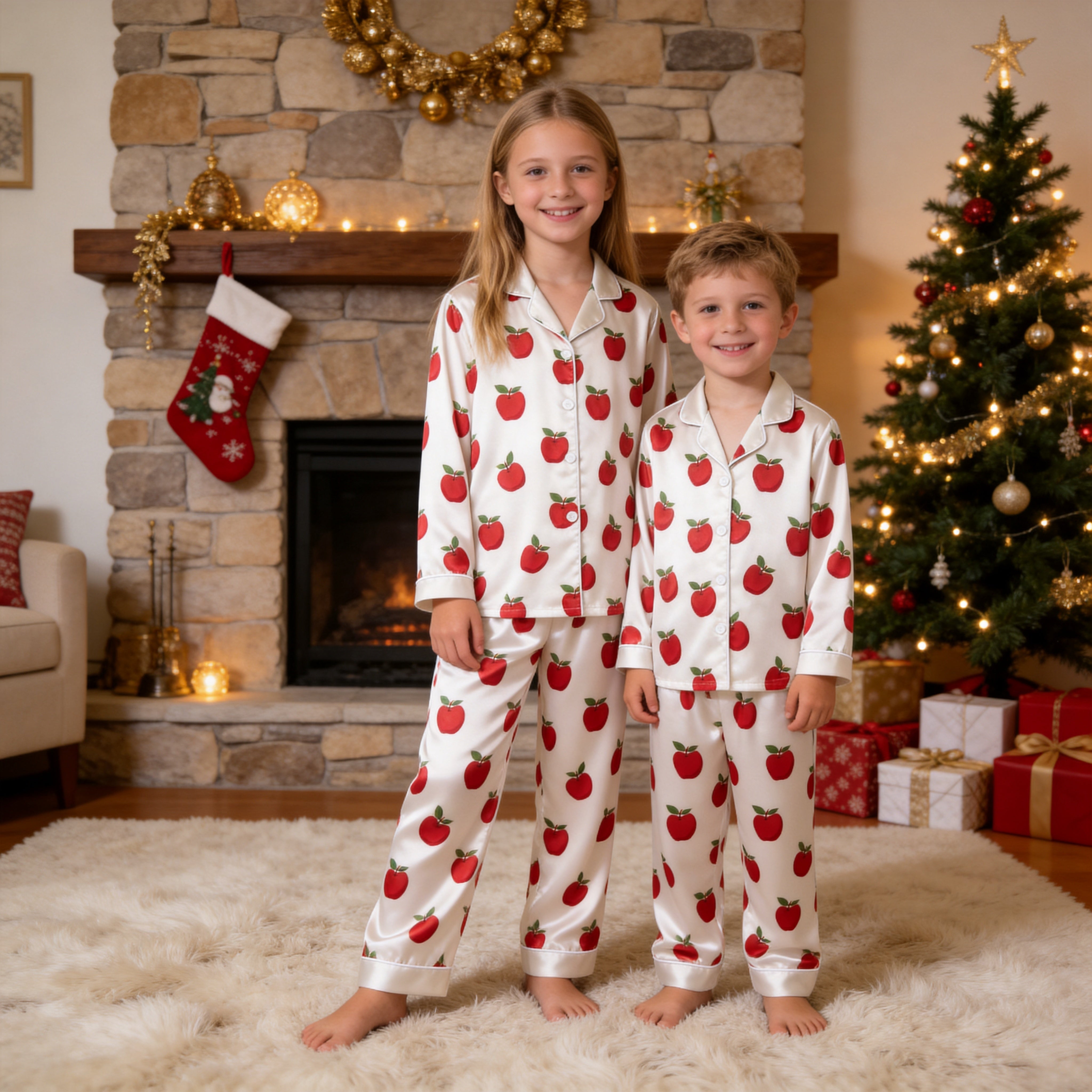 White Red Apple Print Satin Button-Up Family Pajamas Set