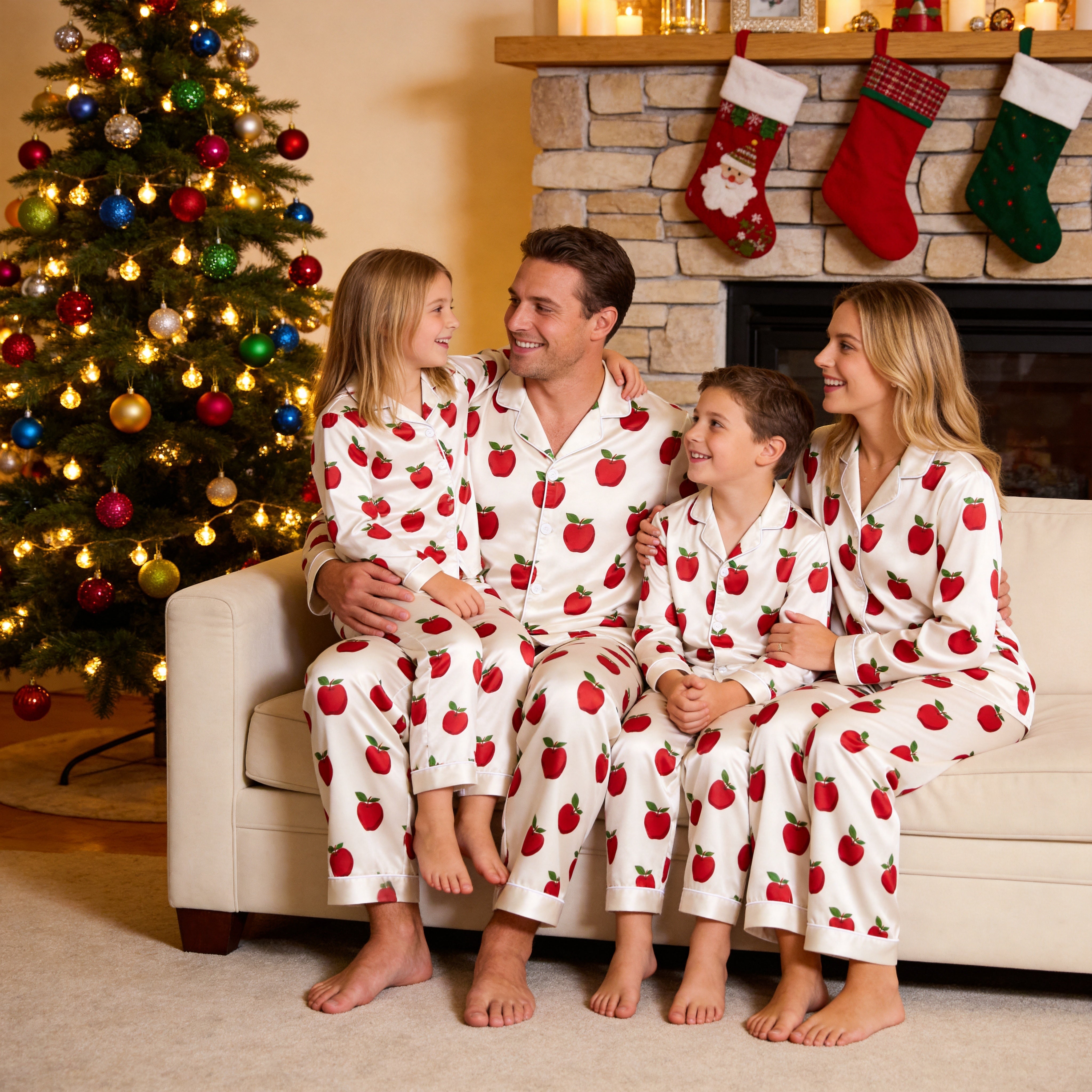 White Red Apple Print Satin Button-Up Family Pajamas Set