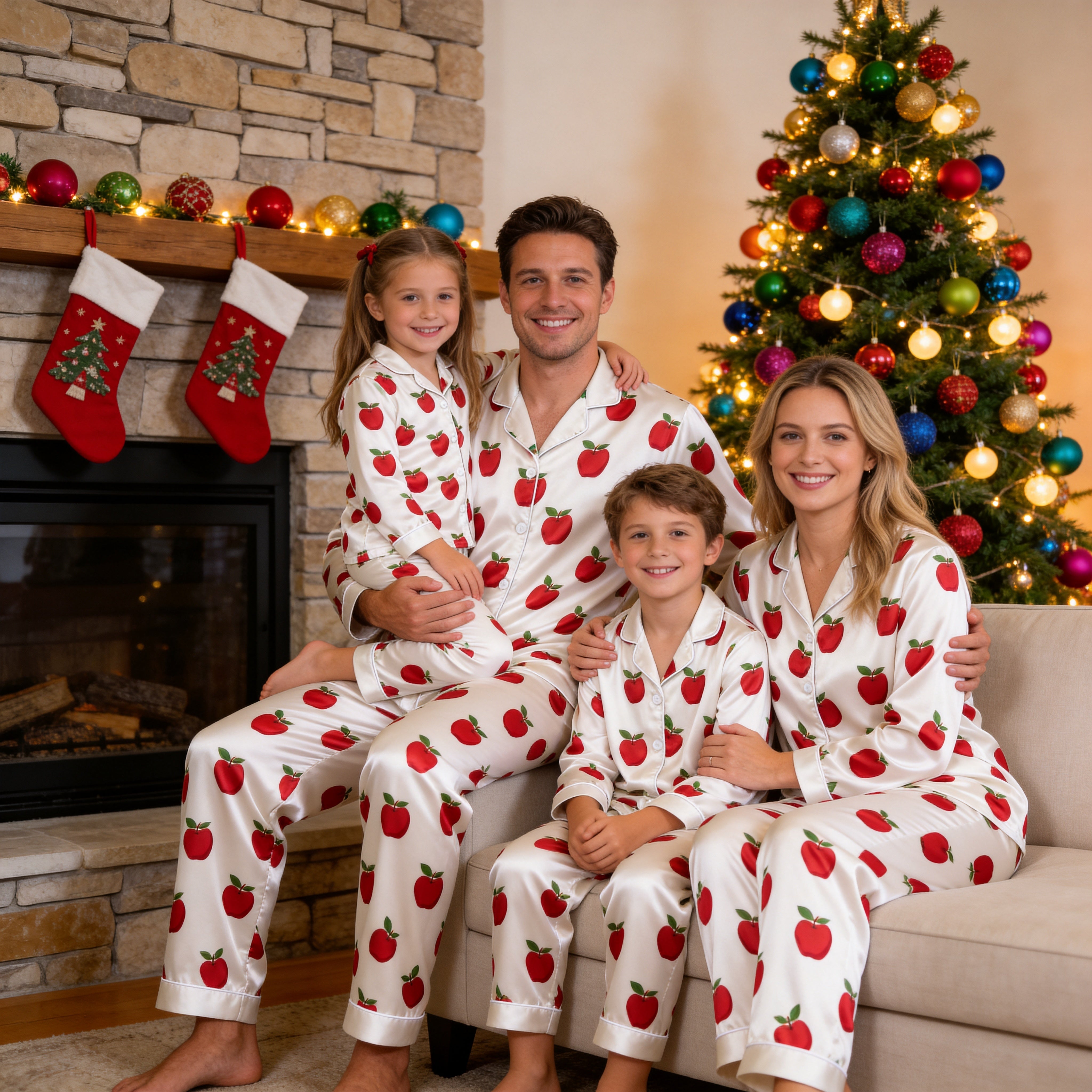 White Red Apple Print Satin Button-Up Family Pajamas Set