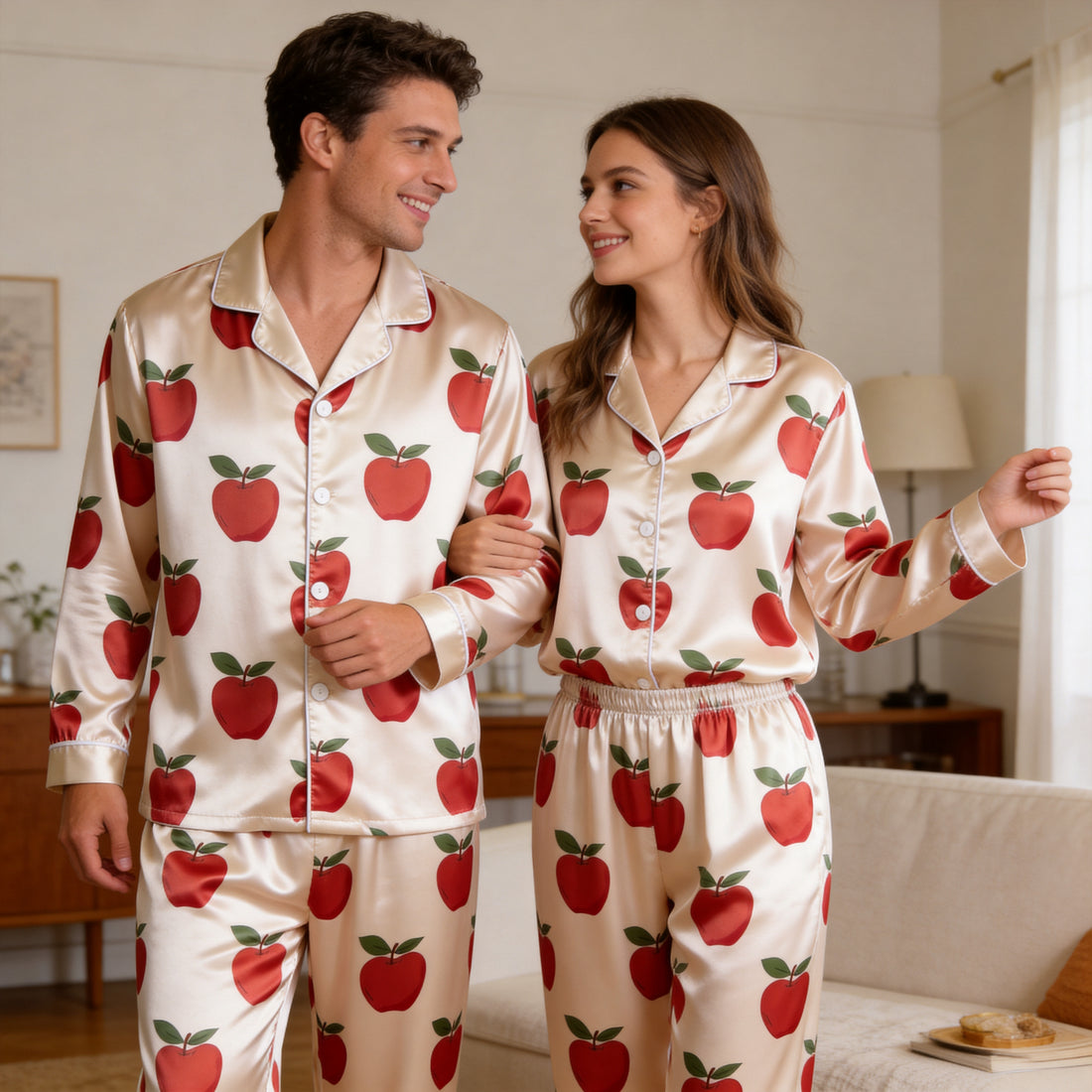 Creamy Red Apple Print Satin Matching Pajamas for Couples – Long Sleeve Button-Down Top & Pants Sleepwear Set