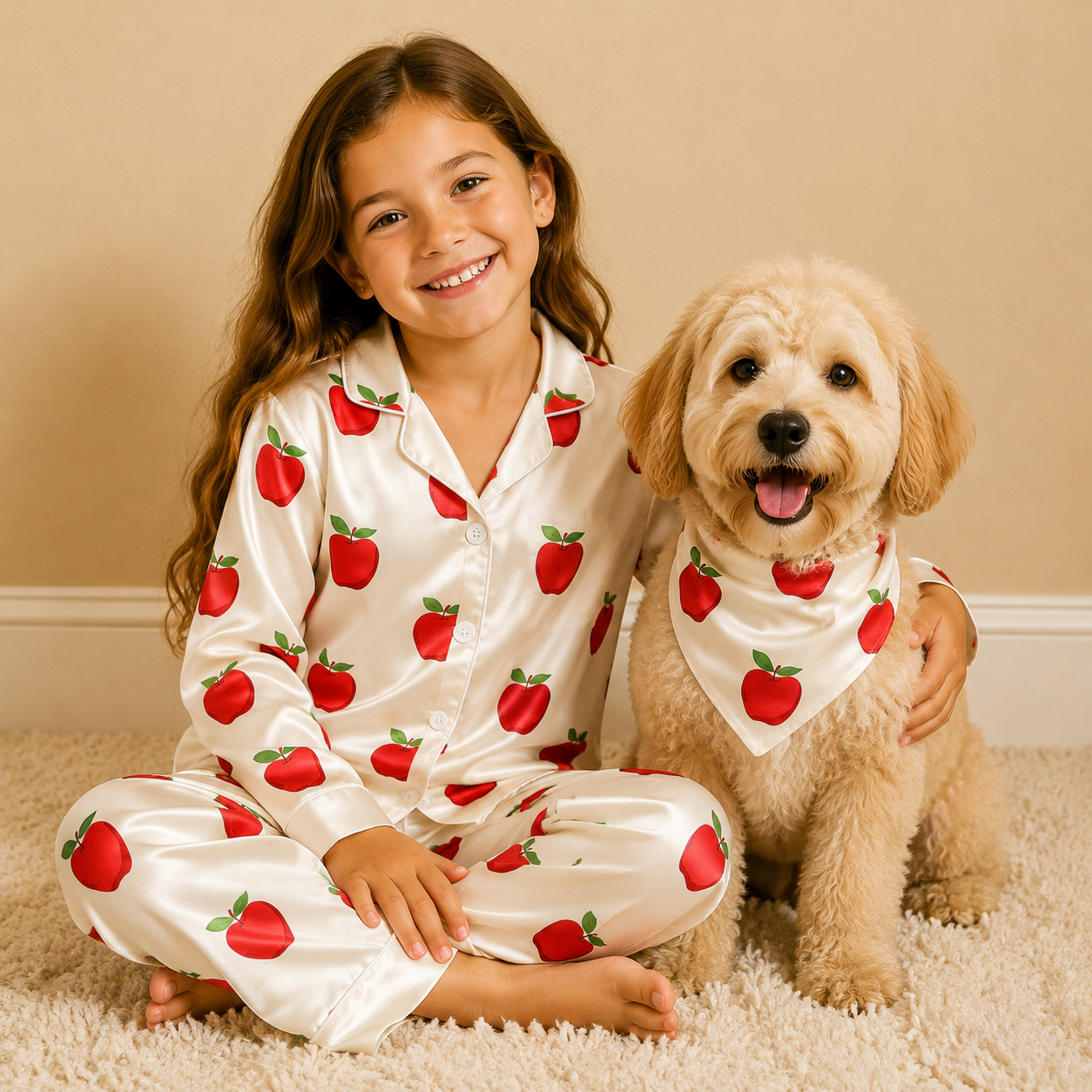 White Red Apple Print Satin Button-Up Family Pajamas Set