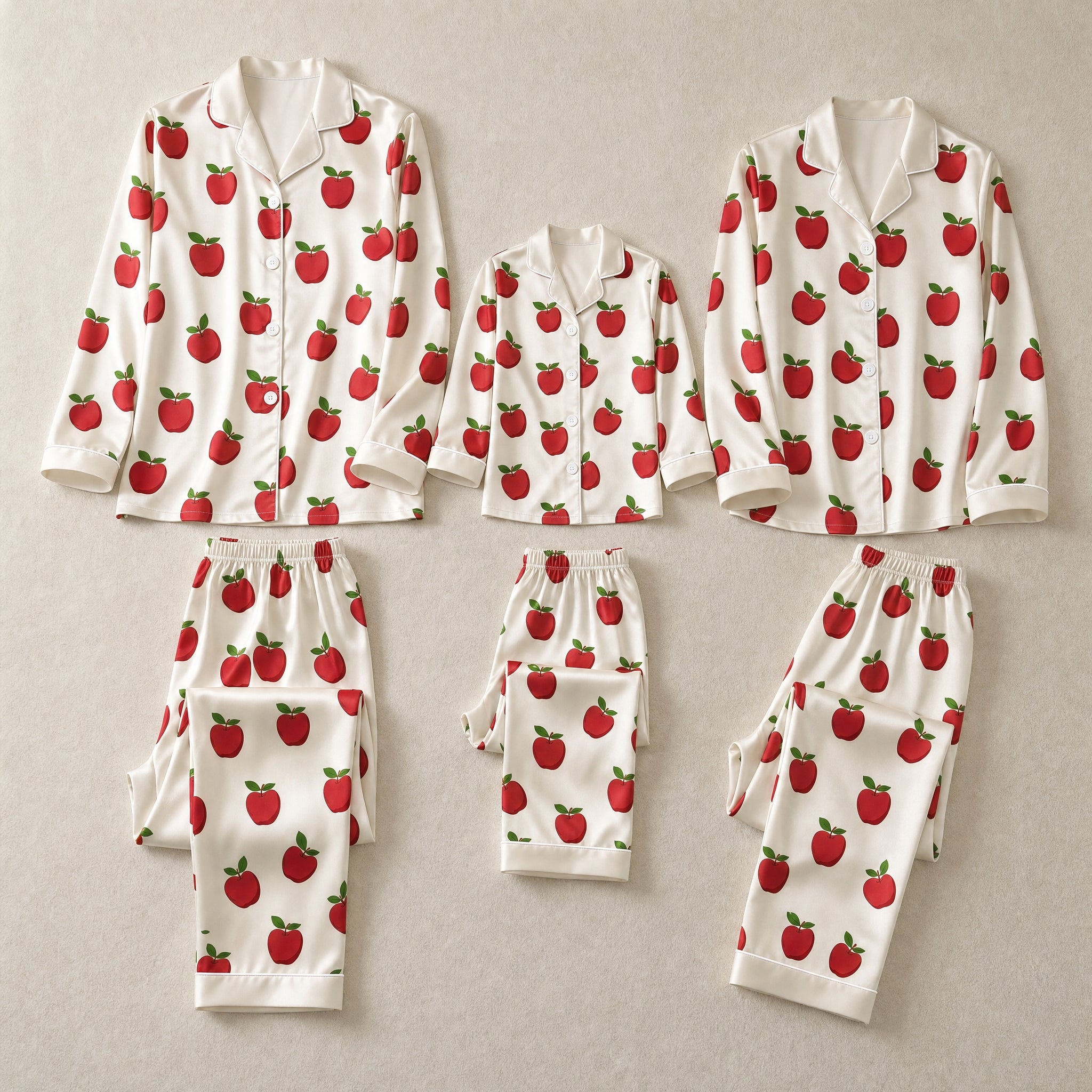 White Red Apple Print Satin Button-Up Family Pajamas Set