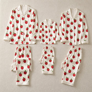 White Red Apple Print Satin Button-Up Family Pajamas Set