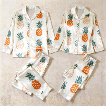 Tropical Orange Pineapple Print Satin Matching Pajamas for Couples – Long Sleeve Button-Down Top & Pants Sleepwear Set