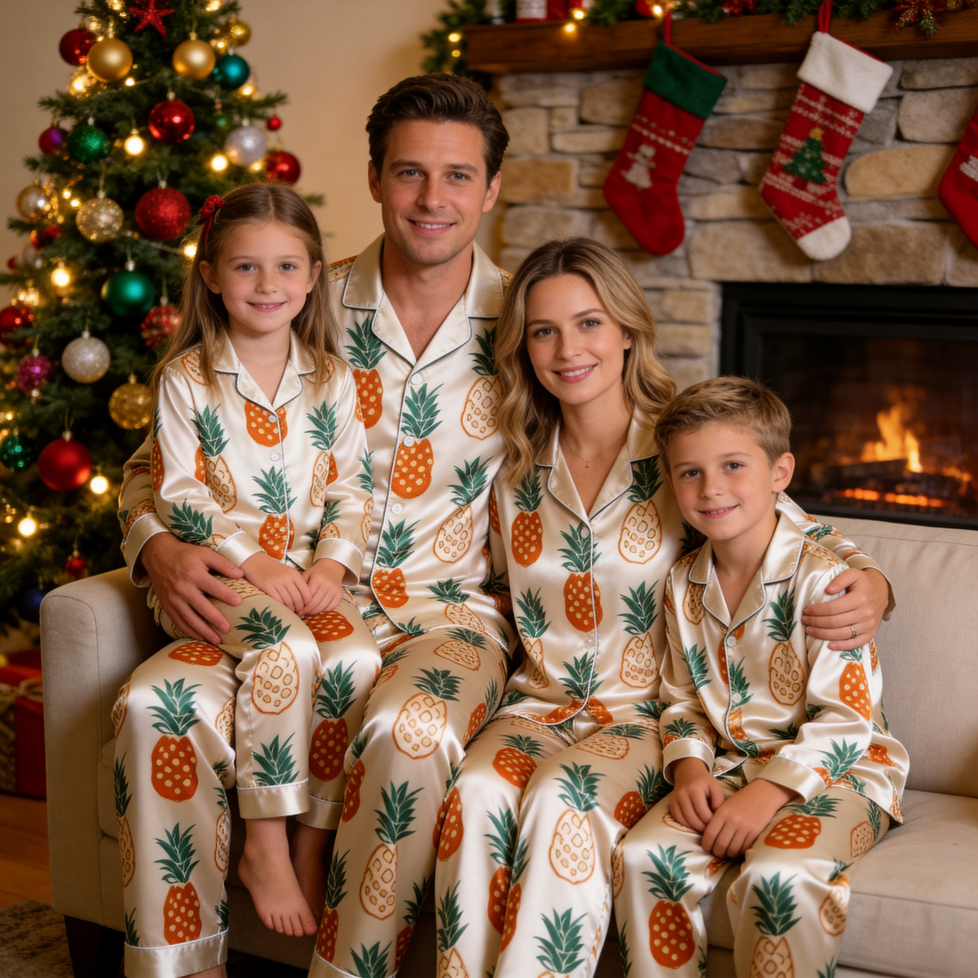 White Pineapple Print Satin Button-Up Family Pajamas Set