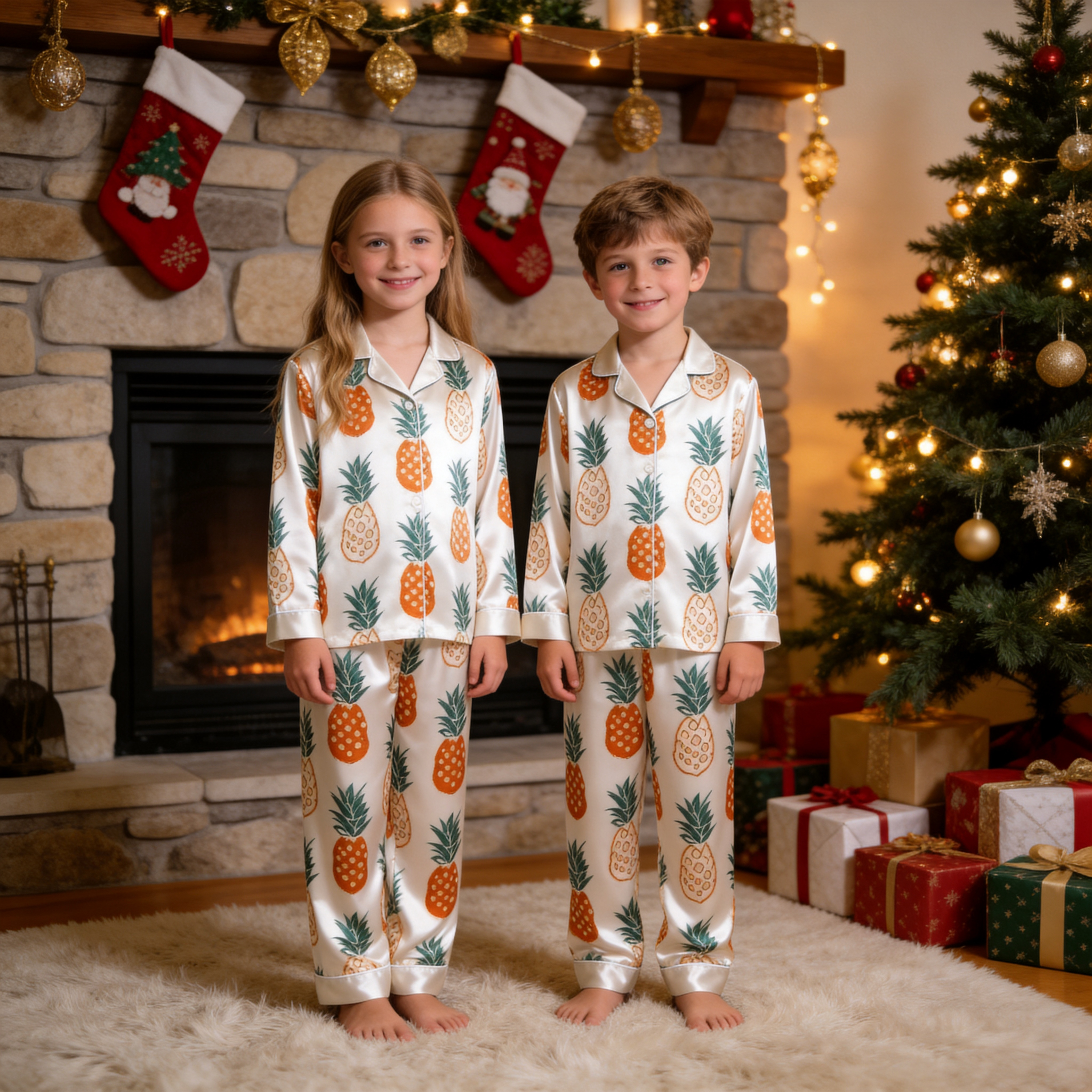 White Pineapple Print Satin Button-Up Family Pajamas Set