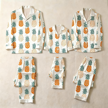 White Pineapple Print Satin Button-Up Family Pajamas Set