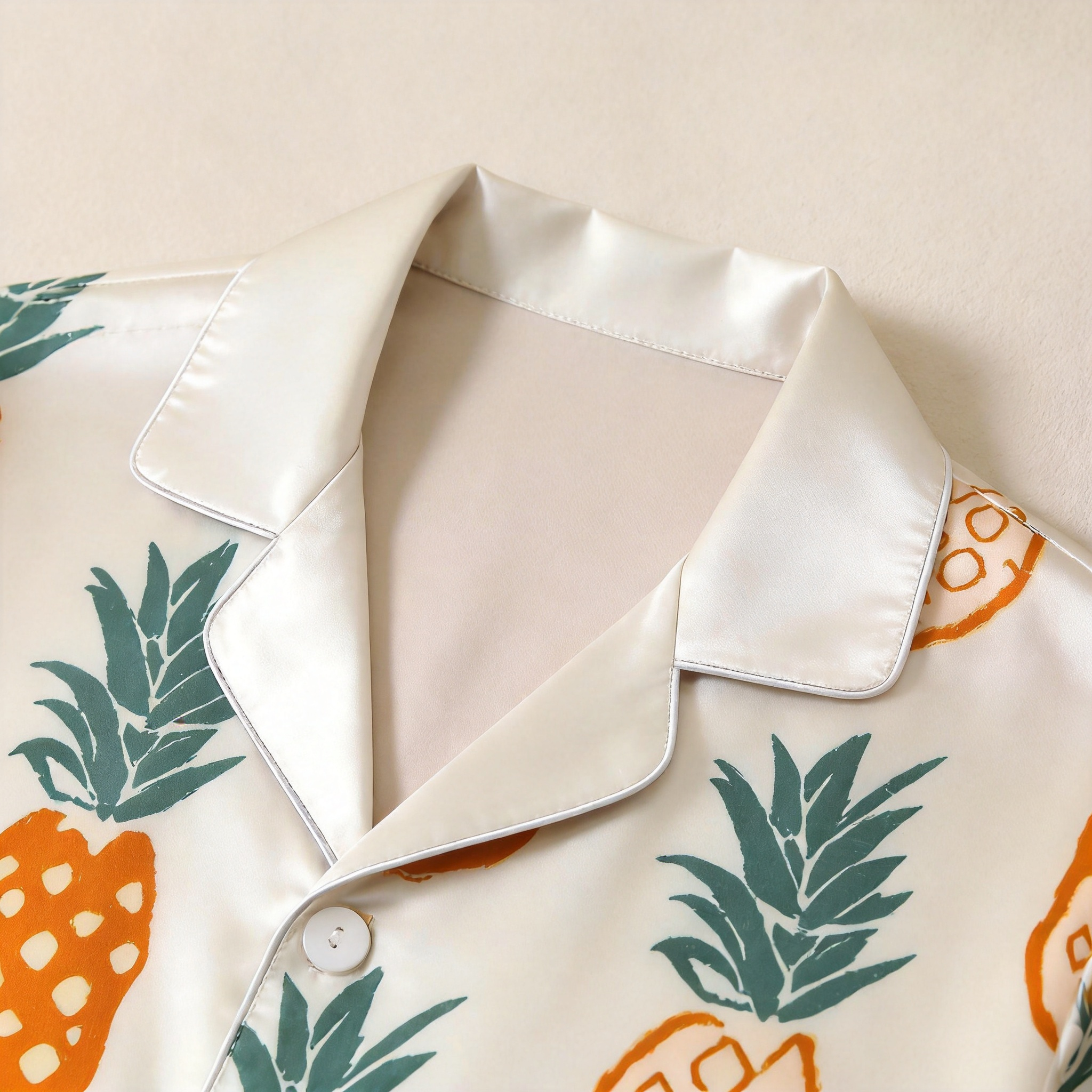 White Pineapple Print Satin Button-Up Family Pajamas Set
