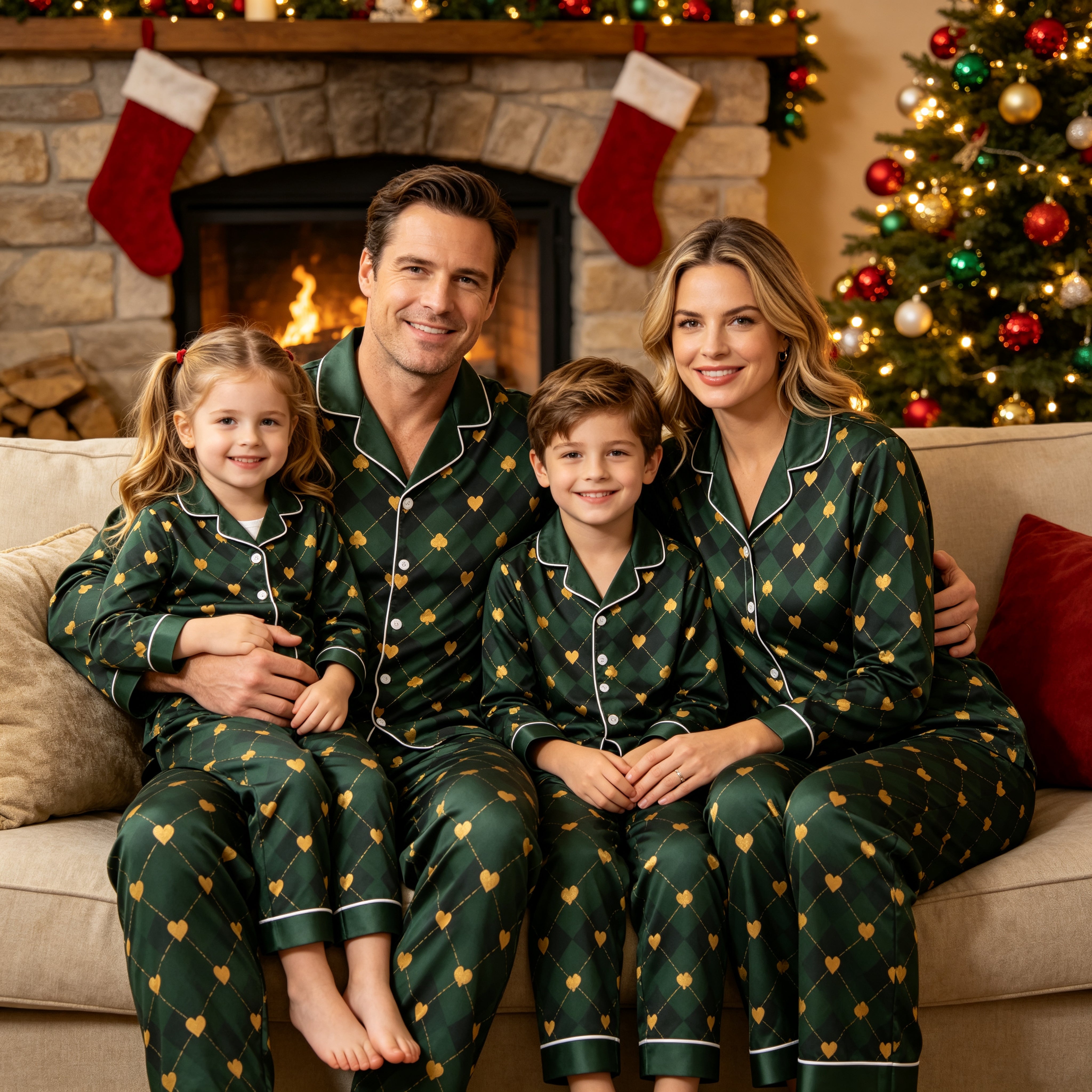Green Argyle Heart Print Satin Button-Up Family Pajamas Set