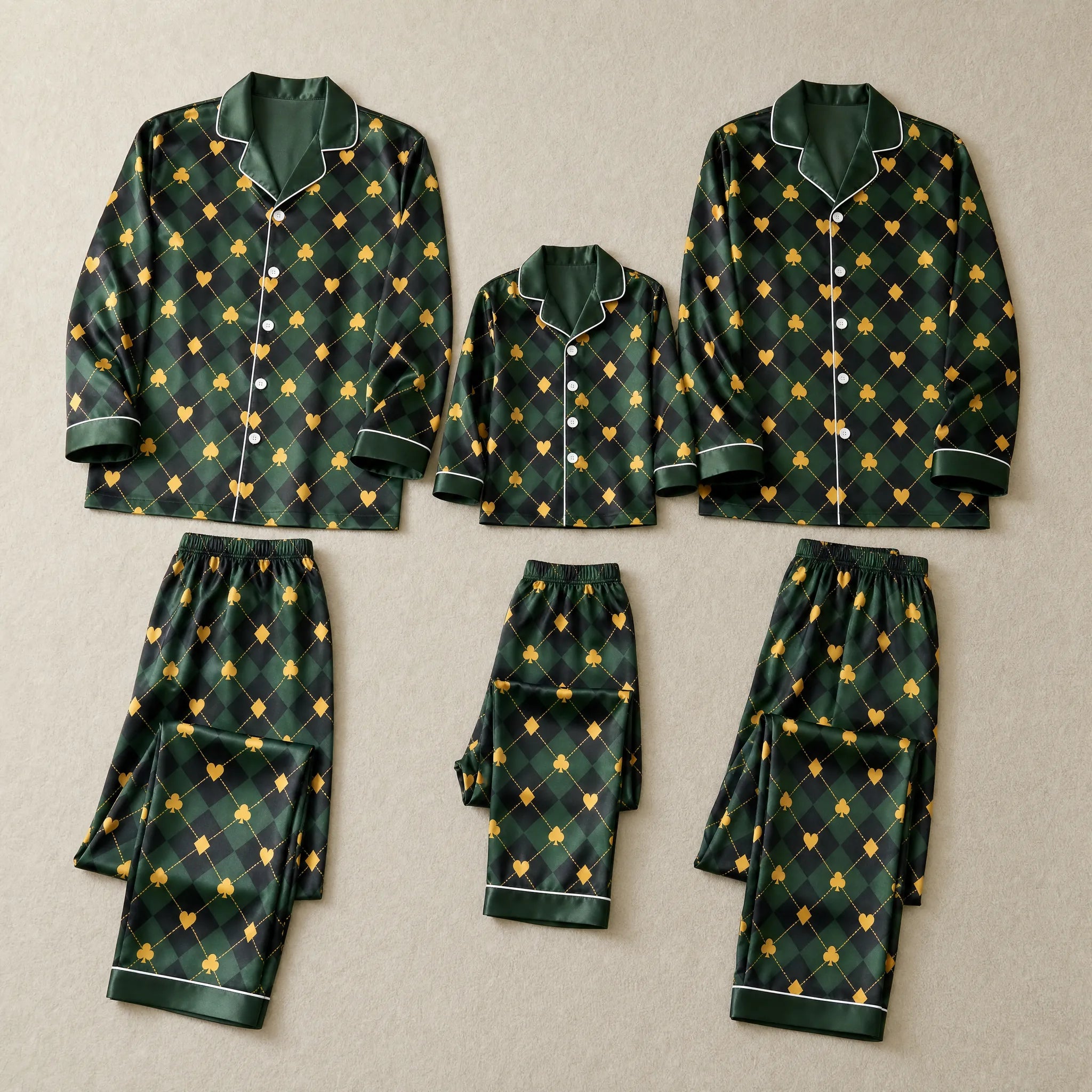 Green Argyle Heart Print Satin Button-Up Family Pajamas Set