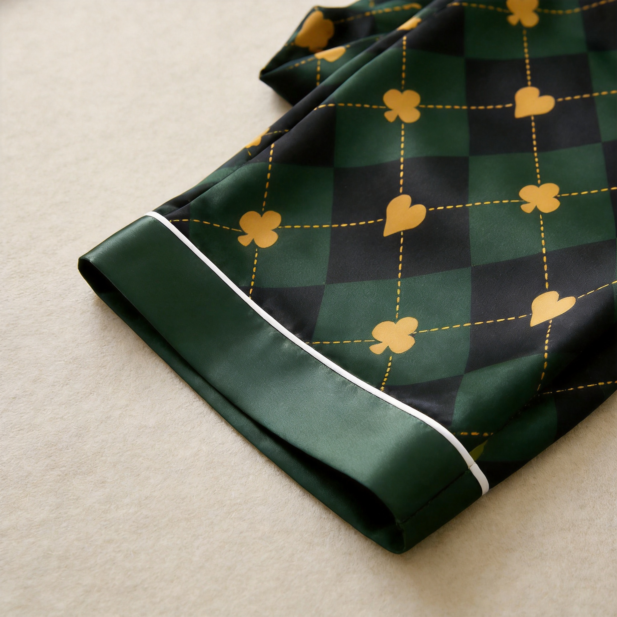 Green Argyle Heart Print Satin Button-Up Family Pajamas Set