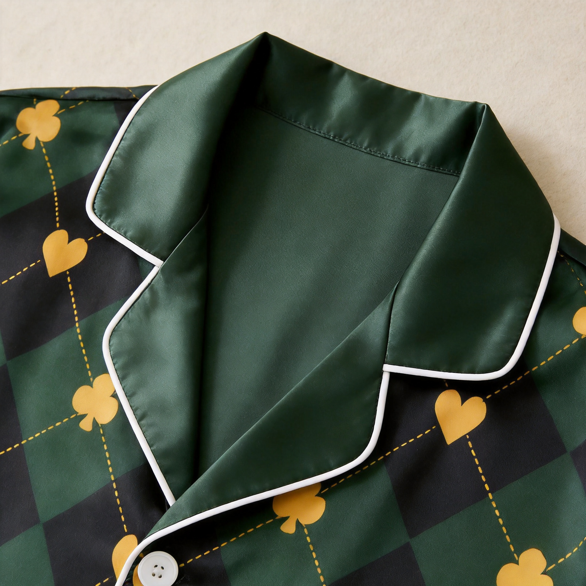 Green Argyle Heart Print Satin Button-Up Family Pajamas Set