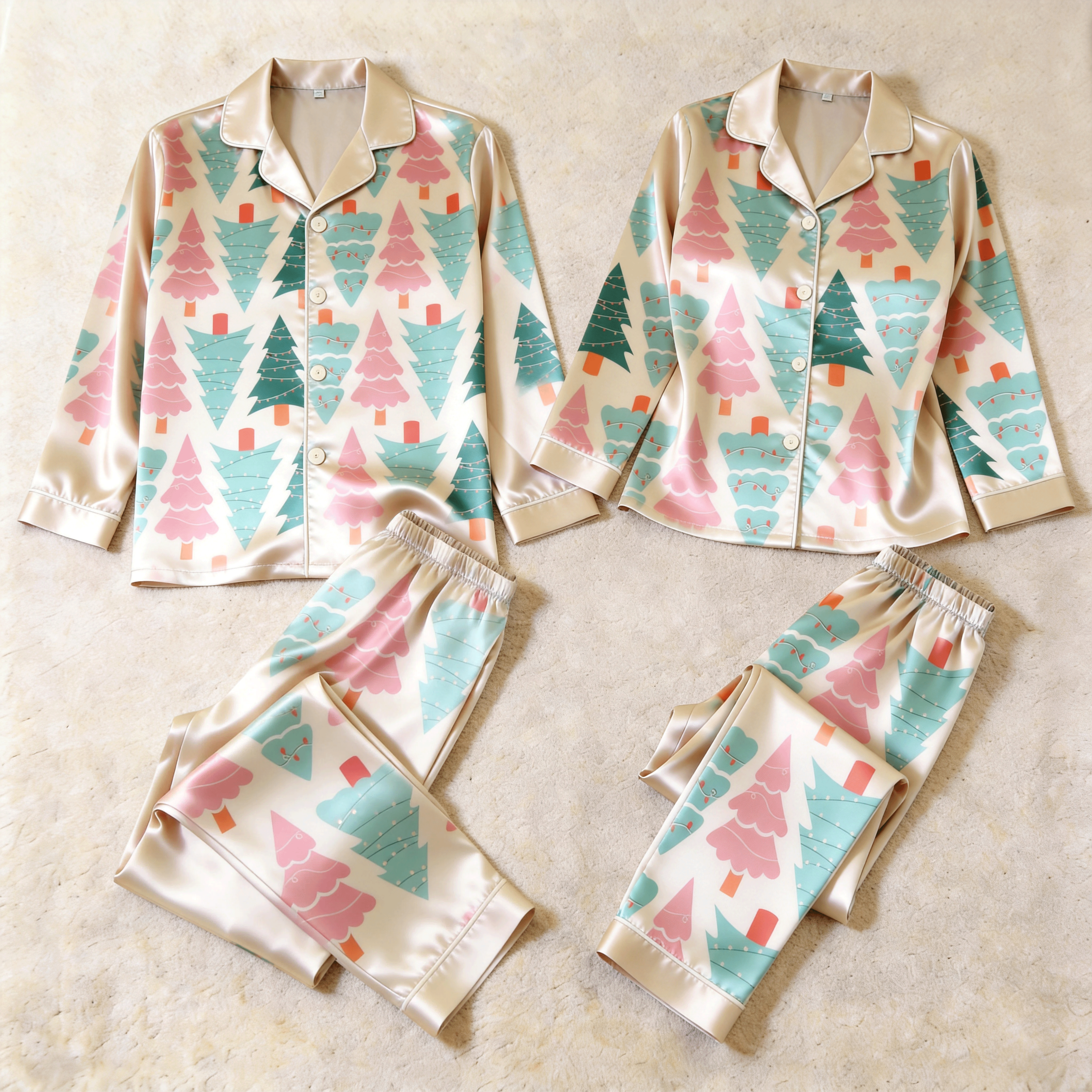 Colorful Christmas Tree Satin Matching Pajamas for Couples – Long Sleeve Button-Down Top & Pants Sleepwear Set