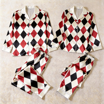 Classic Red Black & White Argyle Satin Matching Pajamas for Couples – Long Sleeve Button-Down Top & Pants Sleepwear Set