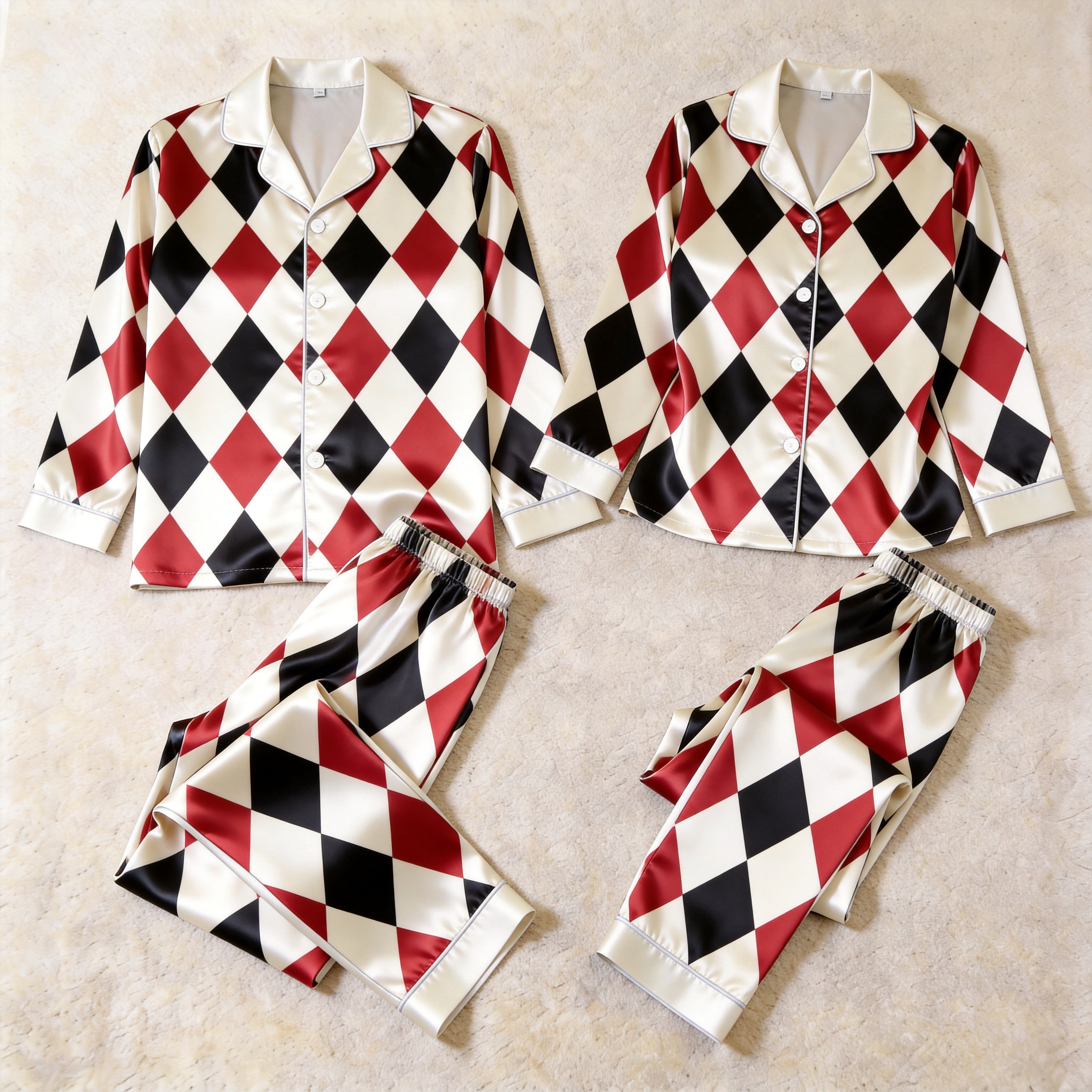 Classic Red Black & White Argyle Satin Matching Pajamas for Couples – Long Sleeve Button-Down Top & Pants Sleepwear Set